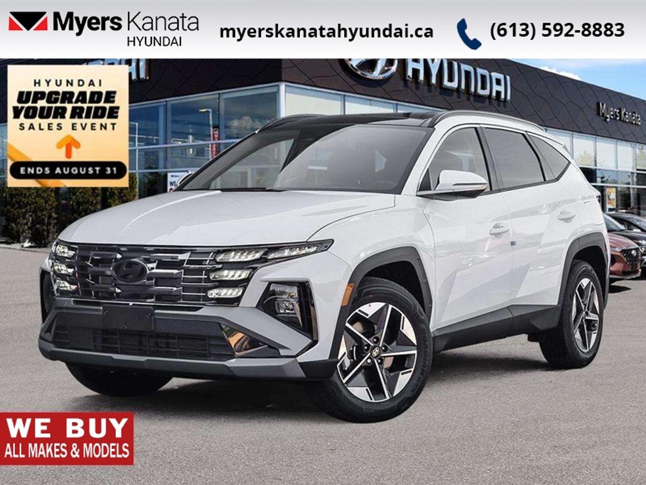 <b>Sunroof,  Power Liftgate,  Heated Seats,  Heated Steering Wheel,  Adaptive Cruise Control!</b><br> <br> Highways, byways, urban sprawls, and remote expanses, this 2026 Hyundai Tucson does it all with ease and grace.<br> <br>This 2026 Hyundai Tucson was made with eye for detail. From subtle surprises to bold design features, every part of this 2026 Hyundai Tucson is a treat. Stepping into the interior feels like a step right into the future with breathtaking technology and luxury that will make your smartphone jealous. Add on an intelligently capable chassis and drivetrain and you have the SUV of the future, ready for you today.<br> <br>This Crystal Wht SUV has an Automatic transmission and is powered by a 187HP 2.5L 4 Cylinder Engine. <br> <br> Our Tucsons trim level is Preferred AWD w/Trend Pkg. The cabin emphasizes comfort with heated front bucket seats, an 8 way power adjustable drivers seat with lumbar support, a heated leather steering wheel, dual zone climate control, flexible 60/40 folding rear seats, and smart storage throughout, while the expansive glass first and second row sunroof with power sunshade enhances the interiors open feel. Technology is anchored by a 12.3 inch infotainment display with Android Auto and Apple CarPlay, Bluetooth, BlueLink services, wireless phone connectivity, real time traffic, turn by turn navigation, adaptive cruise control, proximity key with push button start, and smart device remote start. Safety features include Forward Collision Avoidance Assist with pedestrian, cyclist, and junction turning detection, Blind Spot Collision Warning, Lane Keeping Assist, Rear Cross Traffic Collision Avoidance Assist, Driver Monitoring Alert, multiple airbags, stability and traction systems, and a rear view monitor. This vehicle has been upgraded with the following features: Sunroof, Power Liftgate, Heated Seats, Heated Steering Wheel, Adaptive Cruise Control, Remote Start, Lane Keep Assist.<br><br> <br>To apply right now for financing use this link: <a href=https://www.myerskanatahyundai.com/finance/ target=_blank>https://www.myerskanatahyundai.com/finance/</a><br> <br/>This vehicle may qualify for $500 Military Program Bonus. 5.99% financing for 96 months. <br> Buy this vehicle now for the lowest weekly payment of <b>$141.99</b> with $0 down for 96 months @ 5.99% APR O.A.C. ( Plus applicable taxes - $2596 and licensing fees **Rebates may not be applicable on all purchase types [cash, lease, or finance]. Eligibility and conditions may vary. Please see dealer for full details and confirmation of eligibility. ). Incentives expire 2026-08-31. See dealer for details. <br><br>This vehicle is located at Myers Kanata Hyundai 400-2500 Palladium Dr Kanata, Ontario. <br><br> Come by and check out our fleet of 40+ used cars and trucks and 190+ new cars and trucks for sale in Kanata.  o~o