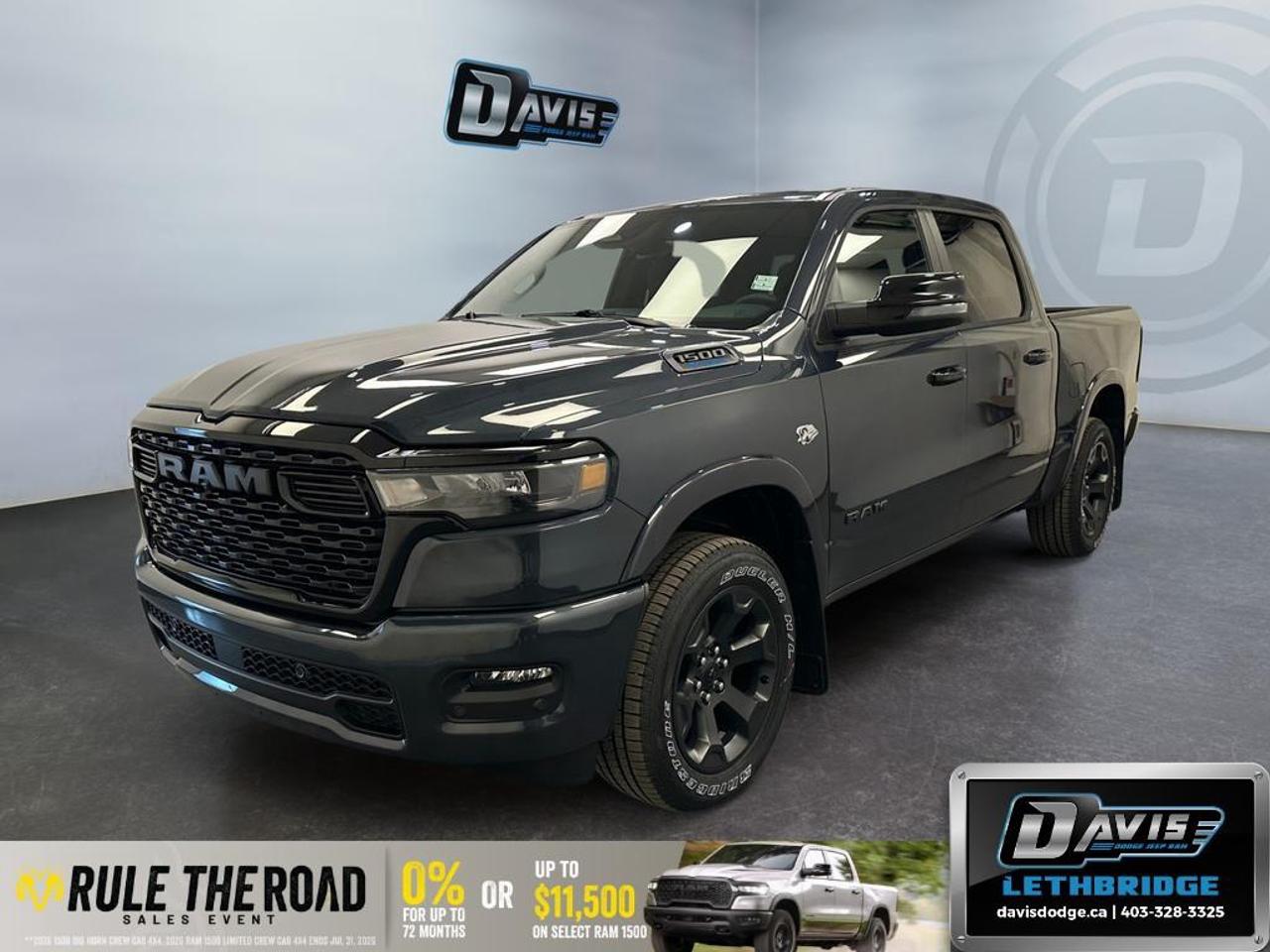 <p>Introducing the impressive 2026 Ram 1500 Big Horn in a striking blue exterior, equipped with 4x4 drivetrain for excellent handling on all terrains.</p><p><strong>Interior Features:</strong></p><ul><li>Spacious black interior with leather-wrapped steering wheel</li><li>Front heated seats and heated steering wheel</li><li>Universal garage door opener and power adjustable pedals</li><li>Rear power sliding window and 2nd row in-floor storage bins</li><li>SiriusXM Satellite Radio with a 6-month service</li></ul><p><strong>Exterior Features:</strong></p><ul><li>Aluminum Wheels and black tail lamp bezels</li><li>Black dual exhaust tips with elegant body-colour bumpers</li><li>Striking forged blue metallic paint and monotone styling</li><li>Black RAM grille badge and black mesh grille with black surround</li></ul><p><strong>Technology & Safety Features:</strong></p><ul><li>Advanced backup camera and parking sensors for easy maneuvering</li><li>Adaptive cruise control and smart device integration</li><li>Lane assist, brake assist, and wi-fi hotspot</li><li>Remote start for convenient ignition</li><li>Secondary active grille shutters and trailer brake control</li></ul><p>This 2026 Ram 1500 Big Horn is perfect for those who seek a combination of power, style, and modern technology. With its advanced features and robust build, it's tailored for adventures and daily commutes alike. Contact Davis Dodge Lethbridge today to learn more about this incredible truck!</p>