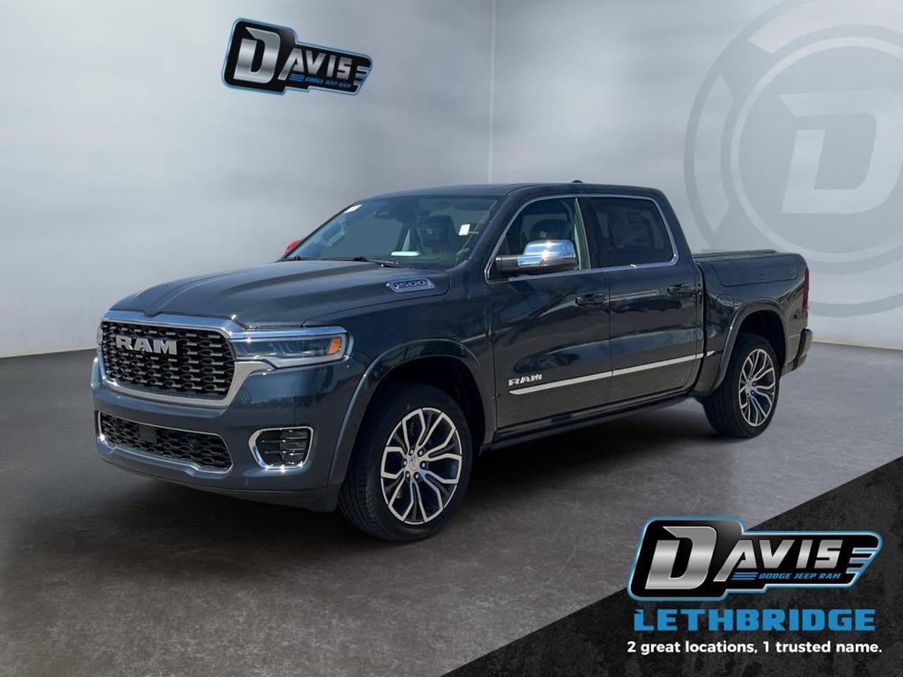 <b>Sunroof, HUD, 360 Camera, Power Tailgate, Power Running Boards!</b><br /> <br /> <br /> <br />The 2026 Ram 1500 redefines strength and sophistication with advanced tech, premium comfort, and unstoppable capability. <br /> <br />The Ram 1500's unmatched luxury transcends traditional pickups without compromising its capability. Loaded with best-in-class features, it's easy to see why the Ram 1500 is so popular. With the most towing and hauling capability in a Ram 1500, as well as improved efficiency and exceptional capability, this truck has the grit to take on any task.<br /> <br />This Forged Blue Metallic Crew Cab 4X4 pickup has an Automatic transmission and is powered by a 540HP 3.0L Straight 6 Cylinder Engine. <br /> <br /> Our 1500's trim level is Tungsten. This trim rewards you with a panoramic sunroof, a driver head up display, a 360 aerial view camera system, and a sonorous 23-speaker Klipsch Reference Premiere audio system. Also standard include unique interior styling, a power tailgate, power running boards, power-adjustable pedals and auto-leveling suspension, ventilated and heated front and rear seats, massaging front seats, leather upholstery, a heated leather steering wheel, and an upgraded 14.4-inch infotainment screen powered by Uconnect 5W with inbuilt navigation, Apple CarPlay, Android Auto and 4G LTE Wi-Fi hotspot. Additional features include class IV towing equipment, a trailer wiring harness, front and rear parking sensors, blind spot detection, lane keeping assist with lane departure warning, remote start, adaptive cruise control, and even more! This vehicle has been upgraded with the following features: Sunroof, HUD, 360 Camera, Power Tailgate, Power Running Boards, Premium Audio, Massage Seats.<br /><br /> <br />To apply right now for financing use this link: <a href=https://lethbridge.davisdodge.ca/free-credit-check/ target=_blank rel=nofollow noopener noreferrer>https://lethbridge.davisdodge.ca/free-credit-check/</a><br /><br /> <br /><br />As a premier Chrysler, Dodge, Jeep and RAM dealership, Davis Dodge proudly offers an extensive selection of new and used vehicles to meet every drivers needs. Customers across Lethbridge, Fort Macleod, Taber, Claresholm, Coaldale, and beyond trust us for daily vehicle specials, certified service and parts, and a seamless online inventory experience. <br /><br /> With competitive financing options and expert support, we make car buying easy and enjoyable. <br /><br /> Ready to hit the road? Schedule your test drive today at Davis Dodge, your trusted Chrysler, Dodge, Jeep and RAM dealer in Lethbridge, Alberta.<br /><br /> Vehicle pricing offer shown expires 2026-05-31. <br /> Come by and check out our fleet of 60+ used cars and trucks and 100+ new cars and trucks for sale in Lethbridge. o~o