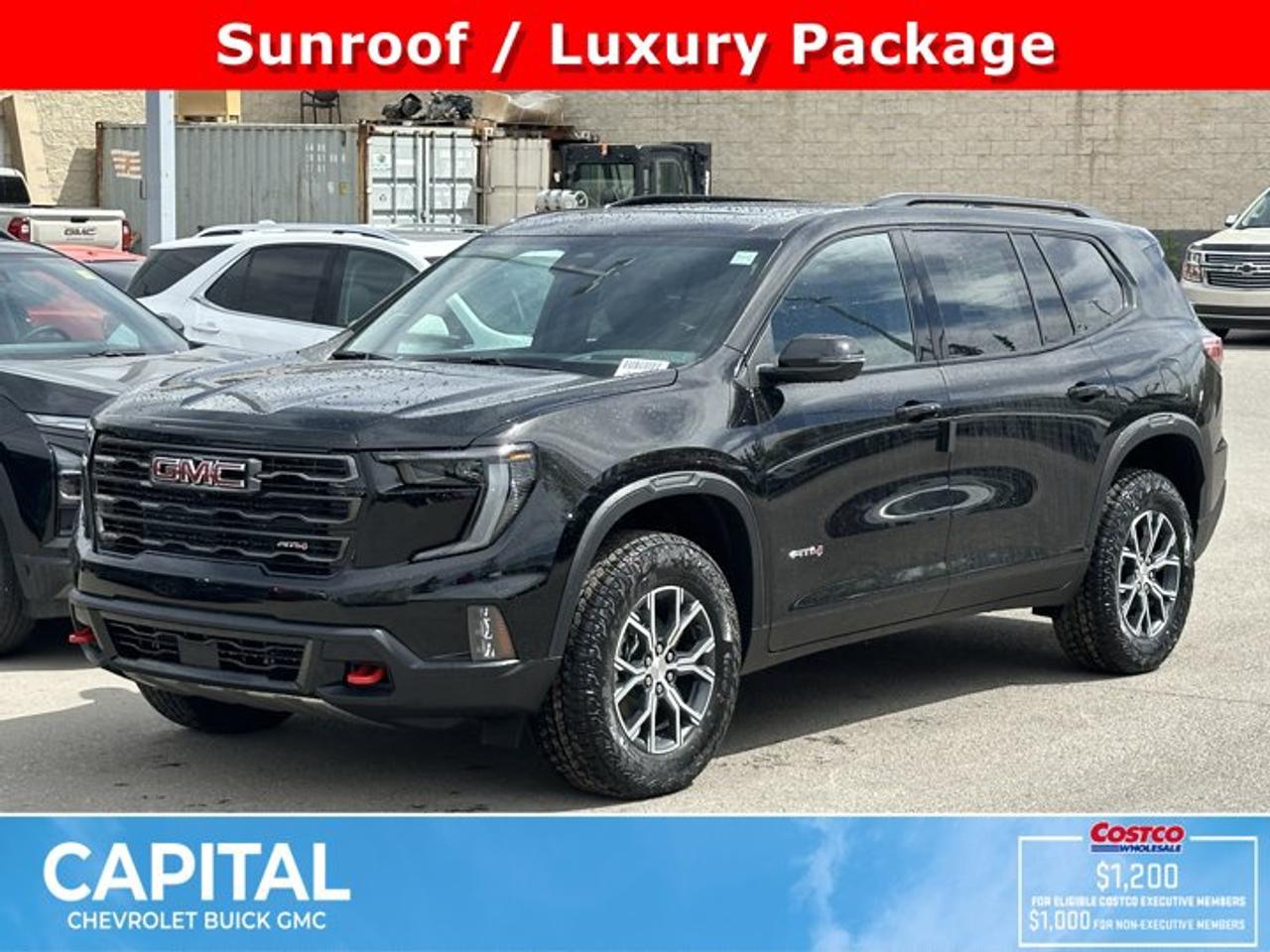 This GMC Acadia delivers a Gas 2.5L/ engine powering this Automatic transmission. TRANSMISSION, 8-SPEED AUTOMATIC (STD), SUNROOF, POWER, PANORAMIC SUNROOF with sunshade, LUXURY PACKAGE includes (AKK) acoustic style windshield, (CMO) heated wiper park, (KA6) heated rear outboard seats and (UV6) 8 Diagonal Head-Up Display (Includes (KU9) heated and ventilated, driver and front passenger seat cushions and seat backs.).* This GMC Acadia Features the Following Options *LPO, FLOOR LINER PACKAGE includes (RIA) first and second row All-weather floor liners, LPO and (RIB) third row All-weather floor liner, LPO , LPO, ALL-WEATHER FLOOR LINER, FIRST AND SECOND ROW Includes (RIB) third row All-weather floor liner, LPO., LPO, ALL-WEATHER FLOOR LINER, 3RD ROW, ENGINE, 2.5L TURBO DOHC SIDI with Variable Valve Timing (VVT) (328 hp [244 kW] @ 5500 rpm, 326 lb-ft of torque [442 N-m] @ 3500 rpm) (STD), ENGINE BLOCK HEATER, EBONY TWILIGHT METALLIC, AT4 PREFERRED EQUIPMENT GROUP includes standard equipment, 3 YEARS SIRIUSXM, Wireless Charging for select devices, Wipers, front intermittent with washers.* Visit Us Today *Come in for a quick visit at Capital Chevrolet Buick GMC Inc., 13103 Lake Fraser Drive SE, Calgary, AB T2J 3H5 to claim your GMC Acadia!