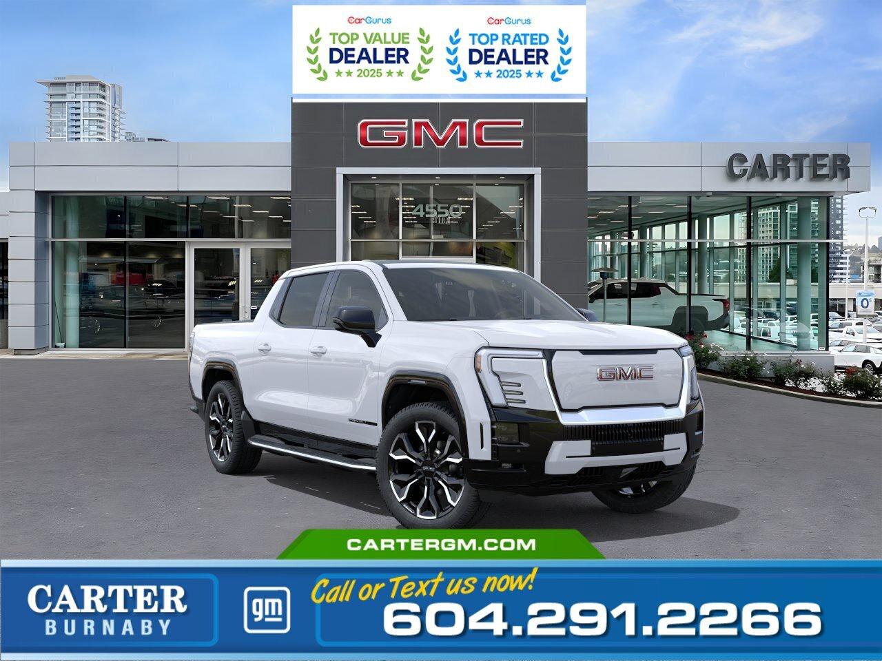 Experience the future of premium trucks with this 2026 GMC Sierra EV Denali Max Range e4WD. Offering up to 769 km of range, it pairs electric power with refined capability. The MultiPro Midgate and tailgate expand versatility, while advanced trailering tech&mdash;including Hitch Guidance, Hitch View, and Smart Trailer Integration&mdash;makes towing effortless. Inside, enjoy power-adjustable seats, a 14" Head-Up Display, and innovative eTrunk storage. Packed with cutting-edge safety and driver-assist features for total confidence. Come take it for a test drive today and experience all this stylish vehicle has to offer!  WHY CARTER GM BURNABY?  - An unrivalled vehicle purchasing experience! - Exceeding our loyal customers expectations since 1963 - 4.5 Google star rating with 2,300+ customer reviews) - CarGurus Top-Rated Dealer 2025 Award - CarGurus Top Value Dealer 2025 Award - Vehicle trades welcome! Best price guaranteed! - We provide upfront pricing, zero hidden fees, and 100% transparency - Fast approvals and 99% acceptance rates (no matter your current credit status!) - Multilingual staff (many languages spoken) - Comfortable non-pressured environment with in-store television, WIFI and a childrens play area! - In-store restaurant: fresh daily menu        Were here to help you drive the vehicle you want, the vehicle you deserve! QUESTIONS? GREAT! WEVE GOT ANSWERS! To speak with a friendly vehicle specialist - CALL NOW! The advertised price includes all standard dealer fees and any applicable manufacturer or dealer incentives. It does not include applicable taxes, licensing, insurance, or optional products or services. Dealer fees will be clearly broken out and itemized on the bill of sale, maximum total of fees $595.00. Prices are shown in Canadian dollars. While we make every effort to ensure accuracy, vehicle details, pricing, options, and availability are subject to change without notice. Please confirm all information with dealership sales management before purchase. Dealer Code: 81129