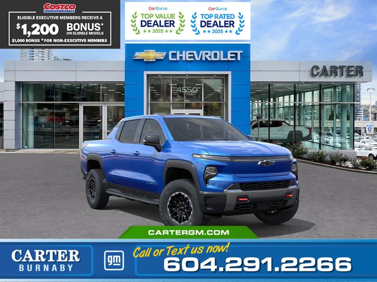 Exclusive savings are back for Costco members at Carter GM Burnaby! Combining Costco bonuses with eligible manufacturer incentives for exceptional value. Receive a $1,200 Executive Member Bonus or your $1,000 Non-Executive Member Bonus on select models, plus additional manufacturer incentives for which members may qualify.   Visit us today or contact our team to confirm eligibility and secure your Costco member savings while this limited time offer lasts!  Dominate the road and the trail in this 2026 Chevrolet Silverado EV Trail Boss Max Range e4WD. With up to 725 hp, 775 lb-ft of torque, and an impressive 769 km range, it delivers electrifying capability. The High Stance suspension, Multi-Flex tailgate, and advanced trailering techincluding Hitch Guidance, Trailer Camera Views, and Bed View Cameramake every job easier. Enjoy premium touches like a heated sport steering wheel, 8-way power driver seat, and innovative eTrunk. Packed with cutting-edge safety features for total confidence. Come take it for a test drive today and experience all this stylish vehicle has to offer!  WHY CARTER GM BURNABY?  - An unrivalled vehicle purchasing experience! - Exceeding our loyal customers expectations since 1963 - 4.5 Google star rating with 2,300+ customer reviews) - CarGurus Top-Rated Dealer 2025 Award - CarGurus Top Value Dealer 2025 Award - Vehicle trades welcome! Best price guaranteed! - We provide upfront pricing, zero hidden fees, and 100% transparency - Fast approvals and 99% acceptance rates (no matter your current credit status!) - Multilingual staff (many languages spoken) - Comfortable non-pressured environment with in-store television, WIFI and a childrens play area! - In-store restaurant: fresh daily menu        Were here to help you drive the vehicle you want, the vehicle you deserve! QUESTIONS? GREAT! WEVE GOT ANSWERS! To speak with a friendly vehicle specialist - CALL NOW! The advertised price includes all standard dealer fees and any applicable manufacturer or dealer incentives. It does not include applicable taxes, licensing, insurance, or optional products or services. Dealer fees will be clearly broken out and itemized on the bill of sale, maximum total of fees $595.00. Prices are shown in Canadian dollars. While we make every effort to ensure accuracy, vehicle details, pricing, options, and availability are subject to change without notice. Please confirm all information with dealership sales management before purchase. Dealer Code: 81129