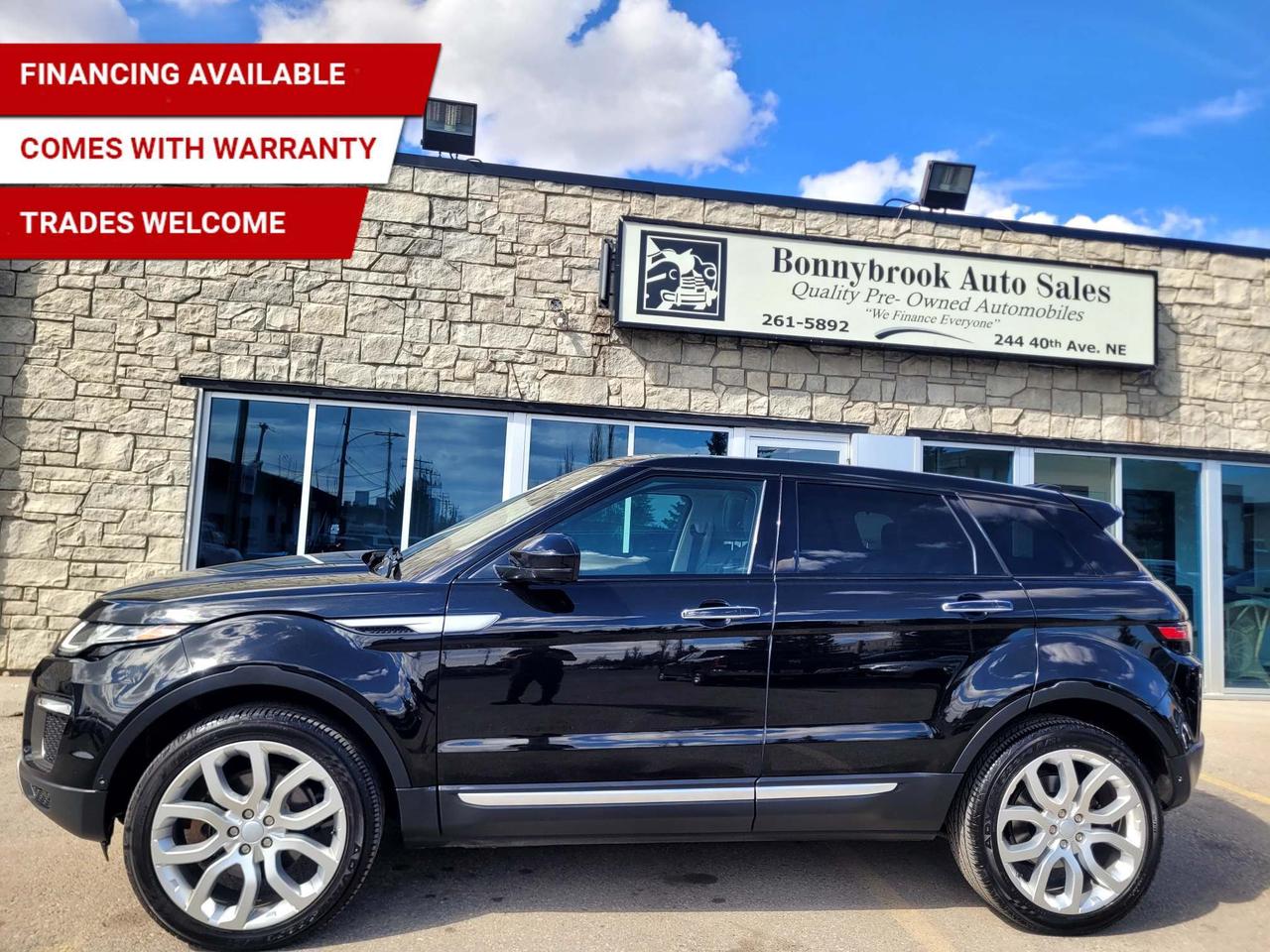 Need a vehicle that has style? Look at our Pre-Owned 2016 LAND ROVER EVOQUE HSE Si4 4X4(Pictured in photo) Filled with top options including: Four wheel drive system, Heated Leather Seats, Keyless Entry, Panoramic Sunroof, Bluetooth, Navigation, Power Mirrors,  Power Locks, Power lift gate, Power Windows. Am/Fm stereo Cd player  Rearview camera /Air /Tilt /Cruise/ comes with 6 month power train warranty with options to extend. Smooth ride at a great price thats ready for your test drive. Fully inspected and given a clean bill of health by our technicians. Fully detailed on the interior and exterior so it feels like new to you. There should never be any surprises when buying a used car, thats why we share our Mechanical Fitness Assessment and Carfax with our customers, so you know what we know. Bonnybrook Auto sales is helping thousands find quality used vehicles at prices they can afford. If you would like to book a test drive, have questions about a vehicle or need information on finance rates, give our friendly staff a call today! Bonnybrook auto sales is proudly one of the few car dealerships that have been serving Calgary for over Twenty years. /TRADE INS WELCOMED/ Amvic Licensed Business.  Due to the recent increase for used vehicles.  Demand and sales combined with  the U.S exchange rate, a lot  vehicles are being exported to the U.S. We are in need of pre-owned vehicles. We give top dollar for your trades.  We also purchase all makes and models of vehicles.