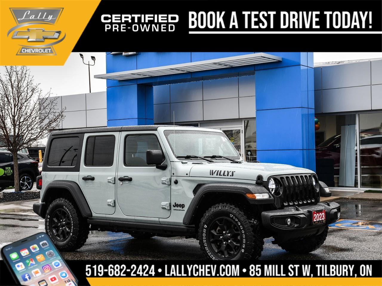 2023 Jeep Wrangler Willys 4WD Pentastar 3.6L V6 VVT 8-Speed Automatic Earl Clearcoat<br /><br />** Special Sale price listed is available to finance purchases only on approved credit. Price of vehicle may differ with other forms of payment.<br /><br /><br />What is Live Market Pricing?<br /><br />Lally Chevrolet, we've changed the way we sell new and pre-owned vehicles with Live Market Pricing. Buying a vehicle can be stressful. Negotiations, trade value, hidden fees and the time a purchase takes is enough to make anyone nervous.<br /><br />How does a customer know if they are getting a good deal or not?<br /><br />How do dealerships like Lally Chevrolet even set prices?<br /><br />In today's customer-centric, tech-savvy world, where is the transparency in the car buying process?<br /><br />We want to make your vehicle purchasing experience stress-free, simple, enjoyable and transparent. So we've made the struggle of negotiating a thing of the past!<br /><br />No More Stressful Negotiations!<br /><br />Purchasing your next vehicle shouldn't feel like a battle. Our team at Lally Chevrolet does not want you to go home wondering if you could have gotten a better deal or not. So, we are offering you the best deal possible, the fair value, with Live Market Pricing.<br /><br />How Does Live Market Pricing Work?<br /><br />With Live Market Pricing, our team checks the fair value of our vehicles every day, comparing equally-equipped vehicles in a 300 kilometer radius of our market area. Then, we update our inventory prices in real-time to reflect the current market price.<br /><br />This allows us to price our vehicles in our market area fairly while passing the savings onto you. With Lally Chevrolet Live Market Pricing system, you can rest assured that you're getting the most competitive price around town.<br /><br />These real-time results offer fair pricing for you, the customer, and eliminates the need for negotiations. Lally Chevrolet Live Market Pricing ensures:<br /><br />? no pricing games<br />? no stressful negotiations or pressure situations<br />? no mark-up to mark-down gimmicks<br />? no hassling<br />? no haggling<br />? no more guessing<br /><br />.
