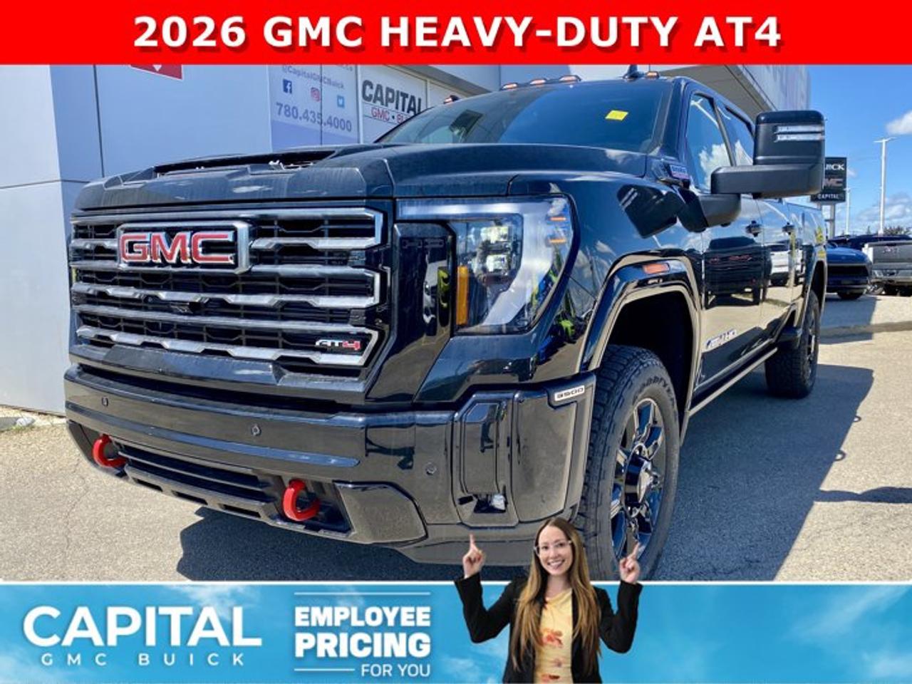 Check out this 2026 GMC SIERRA 3500 HD AT4 Duramax Diesel... This fully-loaded Heavy Duty comes equipped with options like Premium Plus Package, Heated and Cooling Seats, 5th Wheel Prep, Heated Steering, Power Assist Steps, Power Sunroof, Body Color Arch Moldings, Technology Package, 360 Cam, Rear Streaming Camera Mirror, Heads-up Display, Heated Rear Seats, Adaptive Cruise Control, Wireless Charging, MultiPro Tailgate, and so much more... CALL NOW!Ask for the Internet Department for more information or book your test drive today! Text 507-585-4395 for fast answers at your fingertips!AMVIC Licensed Dealer - Licence Number B1044900