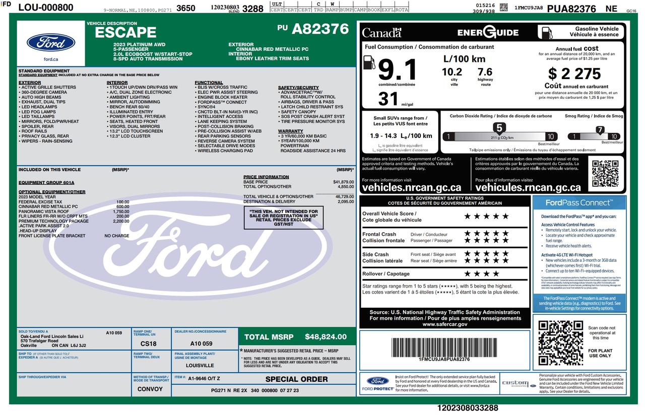 2023 Ford Escape Platinum 601A| PREMIUM TECH PK|B&O SOUND|NO ACCIDENTS|1 OWN Photo