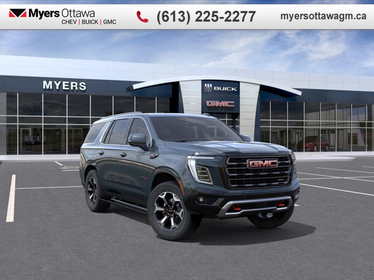 <br> <br>Truly an all-purpose vehicle, this GMC Yukon carries a ton of passengers and cargo with ease, and looks good doing it. <br> <br>This GMC Yukon is a traditional full-size SUV thats thoroughly modern. With its truck-based body-on-frame platform, its every bit as tough and capable as a full size pickup truck. The handsome exterior and well-appointed interior are what make this SUV a desirable family hauler. This GMC Yukon sits above the competition in tech, features and aesthetics while staying capable and comfortable enough to take the whole family and a camper along for the adventure.<br> <br>This Midnight Pine SUV has an Automatic transmission. <br> <br> Our Yukons trim level is AT4 Ultimate. This trim blends advanced off-road capability with modern comfort and technology. Suspension with Magnetic Ride Control, an active 2-speed Autotrac transfer case, mechanical limited-slip differential, skid plate protection, and heavy-duty trailering equipment with Hitch Guidance ensure confidence on rugged trails and demanding terrain. All-terrain tires on 20-inch Carbon Flash Metallic wheels, red recovery hooks, and a high-approach front fascia reinforce durability, while heated and ventilated leather-appointed seating, tri-zone climate control, and a premium Bose 18-speaker system keep every drive refined. Tech highlights include a 16.8-inch infotainment display with Google built-in, wireless Apple CarPlay and Android Auto, 5G Wi-Fi hotspot capability, HD Surround Vision, and Adaptive Cruise Control, providing both convenience and control whether exploring off-road routes or navigating city streets. This vehicle has been upgraded with the following features: Sunroof, Advanced Tech Pack, Massage Seats, HUD, Cooled Seats, Heated Steering Wheel, Wireless Charging.<br><br> <br>To apply right now for financing use this link: <a href=https://creditonline.dealertrack.ca/Web/Default.aspx?Token=b35bf617-8dfe-4a3a-b6ae-b4e858efb71d&Lang=en target=_blank>https://creditonline.dealertrack.ca/Web/Default.aspx?Token=b35bf617-8dfe-4a3a-b6ae-b4e858efb71d&Lang=en</a><br><br> <br/>    4.99% financing for 84 months. <br> Buy this vehicle now for the lowest bi-weekly payment of <b>$1029.91</b> with $0 down for 84 months @ 4.99% APR O.A.C. ( taxes included, **Rebates may not be applicable on all purchase types [cash, lease, or finance]. Eligibility and conditions may vary. Please see dealer for full details and confirmation of eligibility.    / Federal Luxury Tax of $6649.00 included.).  Incentives expire 2026-06-01.  See dealer for details. <br> <br><br> Come by and check out our fleet of 50+ used cars and trucks and 190+ new cars and trucks for sale in Ottawa.  o~o