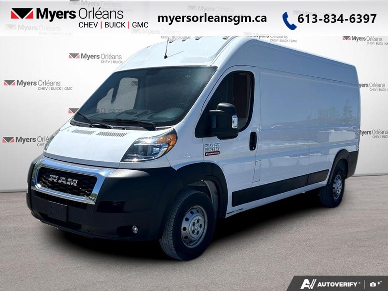 <b>Rear View Camera,  Air Conditioning,  Power Windows,  Power Doors!</b><br> <br>  On sale now! This vehicle was originally listed at $34938.  Weve marked it down to $33938. You save $1000.With an easy loading floor, great forward visibility, and class-exclusive features, this Ram ProMaster Cargo Van has an edge over its competition. This 2019 Ram ProMaster Cargo Van is for sale today in Orleans.<br> <br>This Ram ProMaster is a purpose-built, full-size van, designed to deliver maximum utility and functionality. With an upfitter-friendly design that includes nearly vertical side walls and uninterrupted floor space, this ProMaster delivers maximum storage, functionality, and simple configurability. Class-exclusive front-wheel drive gives this van enhanced traction in all seasons while providing increased cargo capacity. While its Best-in-Class turning radius allows you to effortlessly manoeuvre in tight spaces.<br> <br>This van has 102,300 km. Its White in colour. It has an Automatic transmission and is powered by a 280HP 3.6L V6 Cylinder Engine. <br> <br> Our ProMaster Cargo Vans trim level is 2500 High Roof 159. This full-size van comes packed with work-ready features inside and out. Features include air conditioning, power door locks with remote keyless entry, power windows, and AM/FM/MP3 radio with four speakers, a remote USB port for charging your devices, tire pressure monitoring, electronic stability control, trailer sway control, electronic roll mitigation, a Parkview rear camera and more. This vehicle has been upgraded with the following features: Rear View Camera, Air Conditioning, Power Windows, Power Doors.<br> To view the original window sticker for this vehicle view this <a href=http://www.chrysler.com/hostd/windowsticker/getWindowStickerPdf.do?vin=3C6TRVDG4KE561147 target=_blank>http://www.chrysler.com/hostd/windowsticker/getWindowStickerPdf.do?vin=3C6TRVDG4KE561147</a>. <br/><br> <br>To apply right now for financing use this link: <a href=https://www.myersorleansgm.ca/FinancePreQualForm target=_blank>https://www.myersorleansgm.ca/FinancePreQualForm</a><br> <br/>Buy this vehicle now for the lowest bi-weekly payment of <b>$274.18</b> with $0 down for 72 months @ 7.99% APR O.A.C. ( Plus applicable taxes - Plus applicable fees ). See dealer for details. <br><br>*MYERS LIFETIME ENGINE AND TRANSMISSION COVERAGE CERTIFICATE NOT AVAILABLE ON VEHICLES WITH KMS EXCEEDING 140,000KM, VEHICLES 8 YEARS & OLDER, OR HIGHLINE BRAND VEHICLE(eg. BMW, INFINITI. CADILLAC, LEXUS...)<br> Come by and check out our fleet of 30+ used cars and trucks and 190+ new cars and trucks for sale in Orleans.  o~o