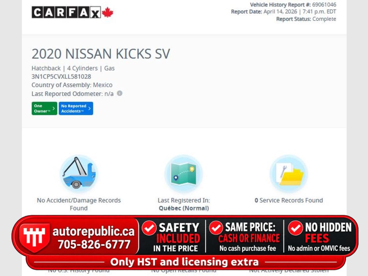 2020 Nissan Kicks SV Certified One Owner No Accidents 60k kms only Photo
