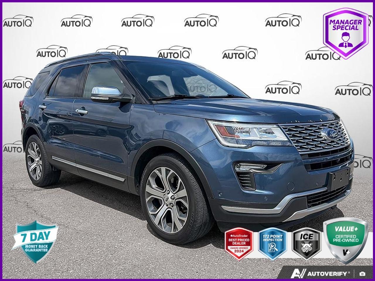 NEW TIRESREAR DUAL SCREENS, FORD APP CONNECT! BOUGHT HERE, SERVICED HERE, LOWEST KM IN MARKET, 172-POINT INSPECTION, CERTIFIED, NAV, HEATED/COOLED STS, MASSAGE STS, ADAPTIVE CRUISE, 360 CAM, CARPLAY/ANDROID AUTO, HEATED STEERING, PWR LIFTGATE! <b>OEM OPTIONS: </b>BLUE METALLIC ,  BLACK NIRVANA LEATHER HEATED/COOLED BKT STS ,  EQUIP GRP 600A ,  ENG 3.5L V6 ECO ,  6-SPEED SELECTSHIFT A/T (44C) ,  WHLS 20 PREMIUM PAINTED MACHINED ALUMINUM<br><br><b>MARKET VALUE PRICED:</b> Safety Inspected & Ready.<br>- <b>OEM EXPERTISE:</b> As a Franchise Dealer, we have exclusive access to this vehicles full factory warranty & repair history.<br>- SMART BUY: Under 100k threshold.<br>- Ask about Warranty Top-Up.<br><br><b>PERFORMANCE & CAPABILITY: </b>This Value+ <b>2019 Ford Explorer Platinum</b> finished in Blue Metallic with a Ebony Black, Nirvana Leather Heated/Cooled Bucket Seats interior, creating a cool, confident, and deep visual. As a versatile Sport Utility Vehicle (SUV), it combines a commanding view of the road with flexible cargo space and seating, perfect for various lifestyles. Powered by a responsive <b>3.5L 6cyl</b> engine paired with a smooth <b>6 Speed Automatic</b> and a confident <b>4x4</b> system.<br><br><b>THE PREMIUM STANDARD: </b>This <strong>VALUE+ CERTIFIED</strong> vehicle receives over <strong>$800</strong> in premium preparation to ensure that fresh car feeling:<br>- Synthetic Oil & Filter Change<br>- New Engine & Cabin Air Filter<br>- New Wiper Blades<br>- 4-Wheel Alignment<br>- Professional Detail<br>- 2X the Standard for brakes/tires<br><br><b>MARKET VALUE: </b><br> - <b>Lower Mileage:</b> Features approximately <b>45,000</b> fewer km than the market average.<br><br><b>VEHICLE HISTORY: </b><br> - <b>Dealer Acquired Trade:</b> As a premier dealership, we get access to the best-conditioned local trades.<br> - <b>Dealer Serviced:</b> Inspected and serviced by our technicians.<br> - <b>Local Trade-In:</b> This vehicle was acquired as a local trade-in right here at our dealership.<br><br><b>PROFILE & PEDIGREE: </b><br> - <b>Equipped with the Equipment Group 600A Package:</b> This vehicle includes a desirable bundle of factory options.<br> - <b>Service History:</b> Ask our team to review available service records with you.<br> - <b>Shop with Confidence:</b> Over <b>23</b> high-resolution photos are online for you to view every detail.<br><br><b>MODEL REVIEWS: </b>A popular choice known for its family-friendly features, comfortable seating across three rows, and available performance variants (ST). Equipped with a true <b>4x4 system</b>, this vehicle is ready for serious adventure, offering superior off-road capability.<br>Powered by a smooth and responsive <b>3.5L 6cyl</b>, delivering ample power for merging, passing, and towing. This proven <b>6-Speed Automatic</b> transmission is a reliable workhorse, built to manage power and provide smooth shifts under load.<br><br><b>EQUIPMENT: </b><br><b>Safety & Driver Assistance:</b> TRACTION CONTROL, ABS BRAKES, BRAKE ASSIST, DUAL FRONT IMPACT AIRBAGS, DUAL FRONT SIDE IMPACT AIRBAGS, IGNITION DISABLE<br><b>Comfort & Convenience:</b> ADJUSTABLE PEDALS, POWER WINDOWS, POWER STEERING, 1-TOUCH DOWN, 1-TOUCH UP, AUTO-DIMMING DOOR MIRRORS<br><b>Technology & Entertainment:</b> NAVIGATION SYSTEM, TACHOMETER, COMPASS, OUTSIDE TEMPERATURE DISPLAY, RADIO: PREMIUM AUDIO SYSTEM BY SONY, SYNC 3 COMMUNICATIONS & ENTERTAINMENT SYSTEM<br><b>Performance & Capability:</b> FOUR WHEEL INDEPENDENT SUSPENSION, FRONT ANTI-ROLL BAR, REAR ANTI-ROLL BAR, SPEED-SENSING STEERING, TRAILER HITCH RECEIVER, BLOCK HEATER<br><b>Exterior & Styling:</b> SPOILER, ALLOYS, DELAY-OFF HEADLIGHTS, FRONT FOG LIGHTS, FULLY AUTOMATIC HEADLIGHTS, PERIMETER/APPROACH LIGHTS<br><br><b>Start your week off right!</b> Schedule a test drive of this impressive Ford Explorer today.<br><br><p> </p>

<h4>MANAGER SPECIAL VALUE+ CERTIFIED PRE-OWNED VEHICLE</h4>

<p>
- 36-point Provincial Safety Inspection<br>
- 172-point inspection combined mechanical, aesthetic, functional inspection including a vehicle report card<br>
- Warranty: 30 Days or 1500 KMS on mechanical safety-related items and extended plans are available<br>
- Complimentary CARFAX Vehicle History Report<br>
- 2X Provincial safety standard for tire tread depth<br>
- 2X Provincial safety standard for brake pad thickness<br>
- 7 Day Money Back Guarantee*<br>
- Market Value Report provided<br>
- Complimentary 3 months SIRIUS XM satellite radio subscription on equipped vehicles<br>
- Complimentary wash and vacuum<br>
- Vehicle scanned for open recall notifications from manufacturer
</p>

<p>SPECIAL NOTE: This vehicle is reserved for AutoIQs retail customers only. Please, No dealer calls. Errors & omissions excepted.</p>

<p>*As-traded, specialty or high-performance vehicles are excluded from the 7-Day Money Back Guarantee Program (including, but not limited to Ford Shelby, Ford mustang GT, Ford Raptor, Chevrolet Corvette, Camaro 2SS, Camaro ZL1, V-Series Cadillac, Dodge/Jeep SRT, Hyundai N Line, all electric models)</p>