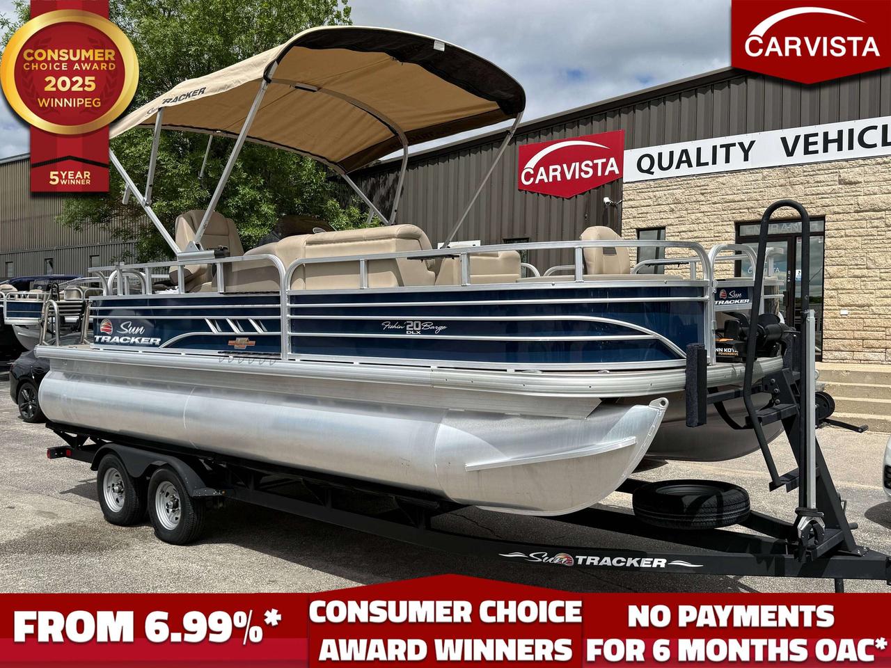 2023 Sun Tracker Fishin Barge 20 DLX - 90HP with only 16 hours! Includes trailer! 

Spend your summer on the water in comfort without giving up the fishing features you actually want in this 2023 Sun Tracker Fishin&rsquo; Barge 20 DLX, powered by a Mercury 90HP ELPT FourStroke Command Thrust outboard with only 16 hours. This is an outstanding opportunity to own a nearly new fishing pontoon that delivers the ideal mix of family-friendly comfort, serious fishability, easy drivability, and premium included equipment. This package is made even more impressive with the addition of a Minn Kota PowerDrive 24V 70 lb thrust i-Pilot trolling motor along with the matching trailer, giving you a complete, ready-to-enjoy setup for everything from full fishing days to relaxed evenings cruising the lake.

Essential listed specs for the Fishin&rsquo; Barge 20 DLX include an overall length of 21 feet 11 inches, a deck length of 19 feet 10 inches, and a wide 8 foot 6 inch beam, giving you a spacious and stable platform with plenty of usable deck space. It rides on 24-inch diameter pontoon logs and is rated for a maximum 90HP, making the Mercury 90 Command Thrust the top-rated engine choice for this model. Fuel capacity is a substantial 32.1 gallons, average dry weight is approximately 1,940 lbs, and average package weight is approximately 3,605 lbs. Passenger capacity is rated for up to 10 people, with a maximum person weight of 1,370 lbs and maximum combined person, motor, and gear capacity of 1,900 lbs. Interior depth is approximately 24 inches, with package width and height both around 8 feet 6 inches, and towing/storage length of approximately 30 feet 4 inches. These are the kinds of numbers that make this boat feel roomy and substantial on the water while still being very manageable to tow, launch, and store.

What makes the Fishin&rsquo; Barge 20 DLX such a standout model is how well it blends the comfort of a true family pontoon with the functional layout of a dedicated fishing boat. Unlike many basic pontoons that simply add a fishing chair or two and call it a fishing model, this layout is purpose-built to let you actually enjoy both sides of ownership. It offers fore and aft fishing decks, a total of three casting chairs, two aerated livewells, generous rod and gear storage, and plenty of open room to move around without sacrificing the lounge seating and social layout that make pontoons so enjoyable in the first place. It is the kind of boat that lets you start the morning targeting fish and finish the afternoon with family and friends cruising comfortably around the lake.

Power comes from the Mercury 90HP Command Thrust FourStroke, which is an excellent match for this hull and one of the biggest highlights of this package. With only 16 hours, the engine has seen extremely light use, which means you are getting a boat that is barely broken in. Mercury four strokes are well known for dependable starting, smooth power delivery, quiet operation, and strong fuel efficiency, and the Command Thrust setup offers excellent low-end control and push for pontoon applications. That translates into confident performance when getting up to cruising speed, moving a full load of passengers, or handling windy conditions at the dock. For buyers who want the peace of mind of a near-new engine and the confidence of max-rated horsepower, this is a very appealing setup.

One of the biggest upgrades on this particular boat is the Minn Kota PowerDrive 24V 70 lb thrust i-Pilot trolling motor. This is a major value-add for anglers who want better boat control, more precise positioning, and a far more enjoyable fishing experience. The i-Pilot system is especially desirable because it makes it easier to hold on structure, work shorelines, and stay consistent while casting without constantly fighting the wind or repositioning manually. Whether you are fishing points, weed lines, dock edges, or open water structure, having a quality 24V trolling motor already installed adds real convenience and real value. It also saves the next owner the cost and hassle of sourcing and installing one afterward.

The interior layout of the Fishin&rsquo; Barge 20 DLX is one of its strongest selling points. Up front, the dedicated fishing deck gives anglers a true place to work from, complete with removable fishing seating and practical storage solutions. In the rear, the additional fishing deck and livewell setup add even more functionality, making the boat equally comfortable for multiple anglers or mixed-use days where some people want to fish and others simply want to relax. Between those fishing zones, the main seating area offers the comfort Sun Tracker pontoons are known for, with lounge seating, smart storage, and a layout that feels social and usable rather than cramped or overly specialized.

This model is also designed around practical, everyday enjoyment. The powered 10-foot Bimini top provides generous shade and easy deployment, which makes a real difference on sunny summer days. The woven marine flooring offers a clean, durable surface that is easy to maintain, and the interior is built with comfort in mind through quality marine-grade upholstery and smart storage throughout. Sun Tracker&rsquo;s STOW MORE storage system helps maximize usable room by combining under-seat storage with additional backrest storage, allowing you to keep gear, tackle, lifejackets, and day-to-day items organized without cluttering the deck. This makes the boat feel more refined and user-friendly, especially for families who bring plenty of gear along for a full day on the water.

At the helm, the Fishin&rsquo; Barge 20 DLX is set up for straightforward, comfortable operation. It features a sport-style console, soft-touch steering wheel, well-placed controls, integrated gauges, stereo, cupholders, built-in footrest, and a comfortable high-back helm seat. Everything is positioned in a way that makes the boat easy to operate for both experienced boaters and first-time owners. It is a layout that feels intuitive and confidence-inspiring, which is exactly what many buyers are looking for in a pontoon they want to use often and enjoy without complication.

Construction quality is another major reason these boats remain so popular. The Fishin&rsquo; Barge 20 DLX is built with all-aluminum construction, multichambered 24-inch pontoons, a heavy-duty deck structure, and a full-length support system designed for durability and long-term use. It also features wave and spray deflectors for a drier ride, a rear boarding platform with telescoping ladder, corrosion-resistant hardware, and a durable fence and rail system that gives the boat a solid, finished look. This is the kind of pontoon that feels substantial, not flimsy, and that matters both on the water and over the long term.

The included matching trailer is another major benefit. It gives you the flexibility to store the boat at home, move it between lakes, and keep ownership simple and convenient. For many buyers, having the correct trailer already included is a huge advantage because it means the package is complete from day one. There is no need to hunt down the right trailer or deal with mismatched equipment. Just hook up and go.

Overall, this 2023 Sun Tracker Fishin&rsquo; Barge 20 DLX is an outstanding package for someone who wants the room and comfort of a pontoon boat combined with real fishing functionality and premium added equipment. With only 16 hours on the Mercury 90HP Command Thrust FourStroke, a Minn Kota PowerDrive 24V 70 lb i-Pilot trolling motor, and the matching trailer included, this is the kind of package that offers exceptional value and immediate usability. Whether your plan is to fish hard, cruise comfortably, or enjoy the best of both worlds, this Fishin&rsquo; Barge 20 DLX is set up to deliver.

Come see why Carvista has been the Consumer Choice Award Winner for 5 consecutive years! 2021, 2022, 2023, 2024 and 2025! Dont play the waiting game, our units are instock, no pre-order necessary!! See for yourself why Carvista has won this prestigious award and continues to serve its community. Carvista Approved! Carvista Approved! Our BoatVista package includes a complete inspection of your boat that includes an engine run up and test of the general systems of the unit! We pride ourselves in providing the highest quality marine products possible, and include a rigorous detail to ensure you get the cleanest unit around. 

Prices and payments exclude GST OR PST 

Carvista Inc. 

Dealer Permit # 1211 

Category: Used Boat

Units may not be exactly as shown, please verify all details with a sales person.