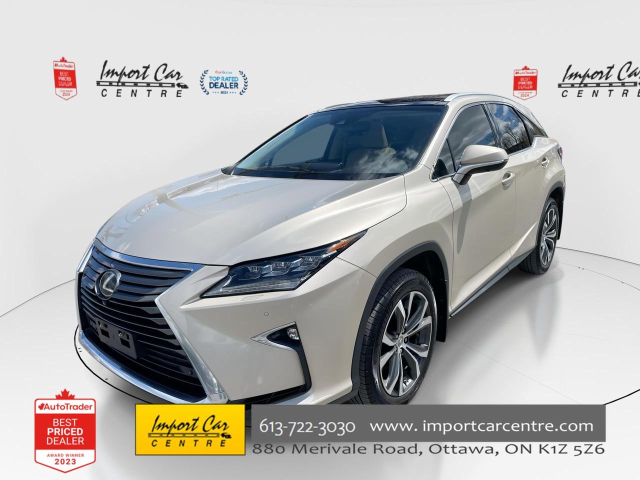 *** OTTAWA&rsquo;S ORIGINAL IMPORT DEALER!!  SMETANA APPROVED ***  The Lexus RX 350 continues to be the benchmark for other manufacturers to follow for a plethora of reasons!!  Finished in Satin Cashmere Metallic with gorgeous matching premium perforated parchment leather seating surfaces, panoramic sunroof, heads up display, touch free back door, wireless charger, incredible all wheel drive handling, voice activated navigation system,  intelligent clearance sonar with rear cross traffic brake, woodgrain and leather wrapped steering wheel, 20 alloy wheels, rear door sunshades, LED cornering headlamps, 15 speaker Mark Levinson audio system, Bluetooth connectivity, SiriusXM radio, rain sensing wipers, auto levelling headlamps, headlamp washers, Lexus Safety System +, pre-collision system with pedestrian detection, automatic high beam, dynamic radar cruise control, lane departure alert with lane keep assist, blind spot monitor, rear cross traffic alert systems, back-up camera all compliment this stunning 2017 Lexus RX 350 AWD Executive package.  Perfection and beyond!!

Home of the Platinum up to 240,000kms warranty and financing is always available O.A.C Import Car Centre, proudly serving the Ottawa and surrounding area for over 40 years. Come down and experience Import Car Centre for yourself and see just why our customers are so happy! 

 #importcarcentre #smetanaapproved #iccs