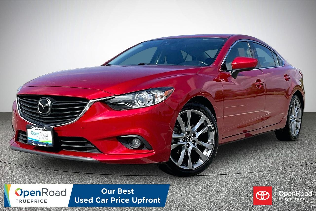 The 2015 Mazda Mazda6 GT blends sporty performance, premium comfort, and impressive fuel efficiency in a stylish midsize sedan. Powered by a 2.5-litre SKYACTIV-G four-cylinder engine producing 184 horsepower, it offers responsive handling with a six-speed automatic. The GT trim includes leather upholstery, heated front seats, dual-zone climate control, navigation, a power sunroof, Bose premium audio, adaptive bi-xenon headlights, blind-spot monitoring, rear cross-traffic alert, and 19-inch alloy wheels. Its upscale interior, sharp steering, and excellent fuel economy make it enjoyable for daily commuting or long drives, while strong safety ratings add confidence for families and commuters alike.  Have confidence with your OpenRoad purchase! Every OpenRoad Certified Pre-Owned vehicle comes fully reconditioned and complete with a comprehensive 153 point mechanical inspection, a CarFax history & lien report, a 3-Day Money Back Guarantee, a 30-Day/2,000 kms Exchange Policy, a 90-Day/5,000 kms Powertrain Warranty, guaranteed clear title, and membership to our exclusive Club OpenRoad! As a proud member of the OpenRoad Auto Group, a trusted name since 2000 serving the Lower mainland (including White Rock, Surrey, Langley, Maple Ridge, Delta, Richmond, Mission and beyond) with outstanding Toyota vehicles, Toyota parts, and Toyota service since 1966! OpenRoad Toyota Peace Arch is a &ldquo;True Price&rdquo; dealer, meaning no inflated prices, and no need for back and forth haggling! We use up to the minute technology offering LIVE MARKET VALUE PRICING to ensure you are receiving the most competitive price possible on all of our Pre-Owned vehicles!  All advertised vehicle prices do not include our $699 documentation fee.
