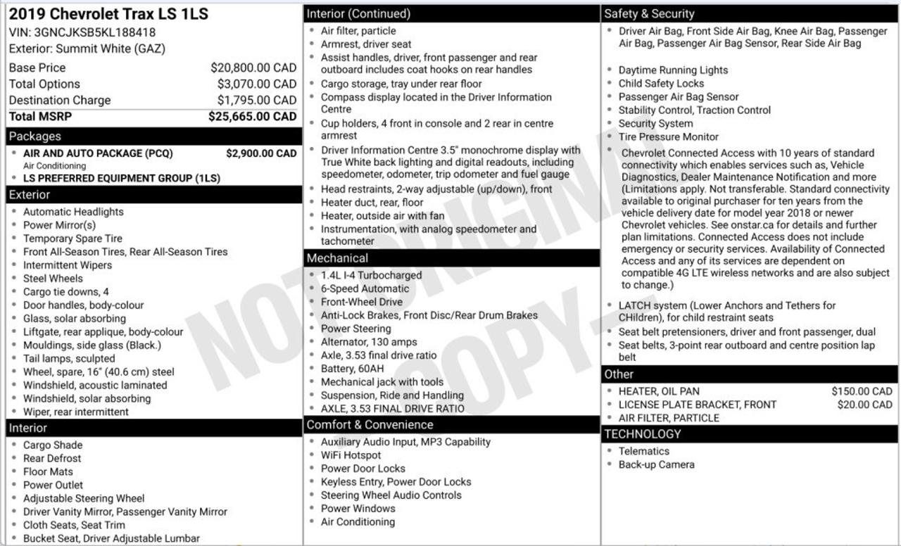 2019 Chevrolet Trax LS   Low KMs   Air & Auto Package   Back-Up Camera Photo
