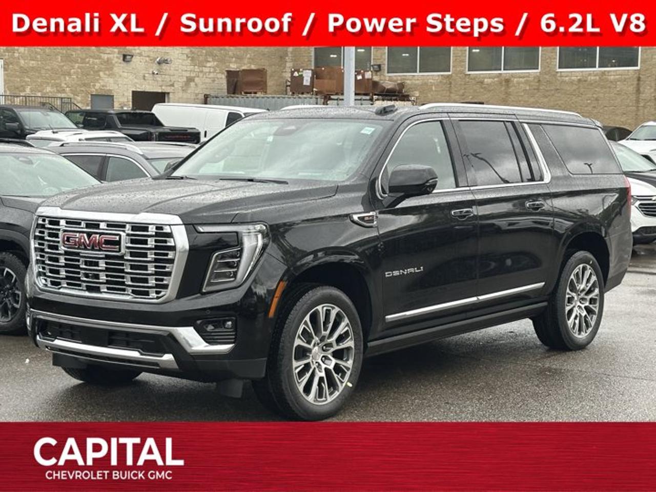 This GMC Yukon XL boasts a Gas V8 6.2L/ engine powering this Automatic transmission. WHEELS, 22 X 9 (55.9 CM X 22.9 CM) ULTRA-BRIGHT MACHINED AND PAINTED MIDNIGHT SILVER with laser etched logo Includes (SFE) wheel locks, LPO., TRANSMISSION, 10-SPEED AUTOMATIC electronically controlled with overdrive, includes Traction Select System including tow/haul (STD), SUN & POWER STEP PACKAGE includes (C3U) power sunroof and (B3L) power-retractable assist steps with perimeter lighting.*This GMC Yukon XL Comes Equipped with These Options *LPO, FLOOR LINER PACKAGE (dealer-installed) (Includes (AAK) 1st and 2nd row premium floor liners, LPO, (RIB) 3rd row all-weather floor liners, LPO and (CAV) all-weather cargo mat, LPO.) , LPO, PREMIUM FLOOR LINERS, 1ST AND 2ND ROWS WITH BRAND BADGING (dealer-installed), LPO, ALL-WEATHER FLOOR LINERS, 3RD ROW (dealer-installed), LPO, ALL-WEATHER CARGO MAT (dealer-installed), ENGINE, 6.2L ECOTEC3 V8 with Dynamic Fuel Management, Direct Injection and Variable Valve Timing, includes aluminum block construction (420 hp [313 kW] @ 5600 rpm, 460 lb-ft of torque [624 Nm] @ 4100 rpm) (STD), ENGINE BLOCK HEATER, DENALI PREFERRED EQUIPMENT GROUP includes standard equipment, 3 YEARS SIRIUSXM SiriusXM Extended Service subscription will stop at the end of the applicable subscription period unless you decide to continue service. Plan is non-transferable and non-refundable. Service subject to the SiriusXM Customer Agreement and Privacy Policy, visit siriusxm.ca/terms to see complete terms and how to cancel which includes online methods or calling 1-888-539-7474. Some services, content and features are subject to device capabilities, an active data connection enabled in the vehicle and location availability. All fees, content and features are subject to change. Content varies by subscription plan. SiriusXM and related logos are trademarks of Sirius XM Radio Inc. and its respective subsidiaries.), Wireless Phone Charging, for portable devices, Wireless Apple CarPlay/Wireless Android Auto.* Stop By Today *Test drive this must-see, must-drive, must-own beauty today at Capital Chevrolet Buick GMC Inc., 13103 Lake Fraser Drive SE, Calgary, AB T2J 3H5.