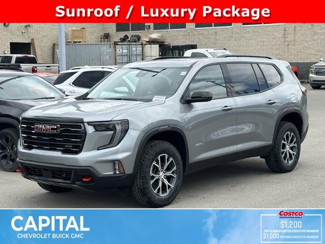 This GMC Acadia boasts a Gas 2.5L/ engine powering this Automatic transmission. TRANSMISSION, 8-SPEED AUTOMATIC (STD), SUNROOF, POWER, PANORAMIC SUNROOF with sunshade, STERLING METALLIC.*This GMC Acadia Comes Equipped with These Options *LUXURY PACKAGE includes (AKK) acoustic style windshield, (CMO) heated wiper park, (KA6) heated rear outboard seats and (UV6) 8 Diagonal Head-Up Display (Includes (KU9) heated and ventilated, driver and front passenger seat cushions and seat backs.) , ENGINE, 2.5L TURBO DOHC SIDI with Variable Valve Timing (VVT) (328 hp [244 kW] @ 5500 rpm, 326 lb-ft of torque [442 N-m] @ 3500 rpm) (STD), ENGINE BLOCK HEATER, AT4 PREFERRED EQUIPMENT GROUP includes standard equipment, 3 YEARS SIRIUSXM, Wireless Charging for select devices, Wipers, front intermittent with washers, Wiper, rear intermittent with washer, Windows, power with driver Express-Up and all windows Express-Down, Window, rear side, solar absorbing, privacy tinting.* Stop By Today *Test drive this must-see, must-drive, must-own beauty today at Capital Chevrolet Buick GMC Inc., 13103 Lake Fraser Drive SE, Calgary, AB T2J 3H5.