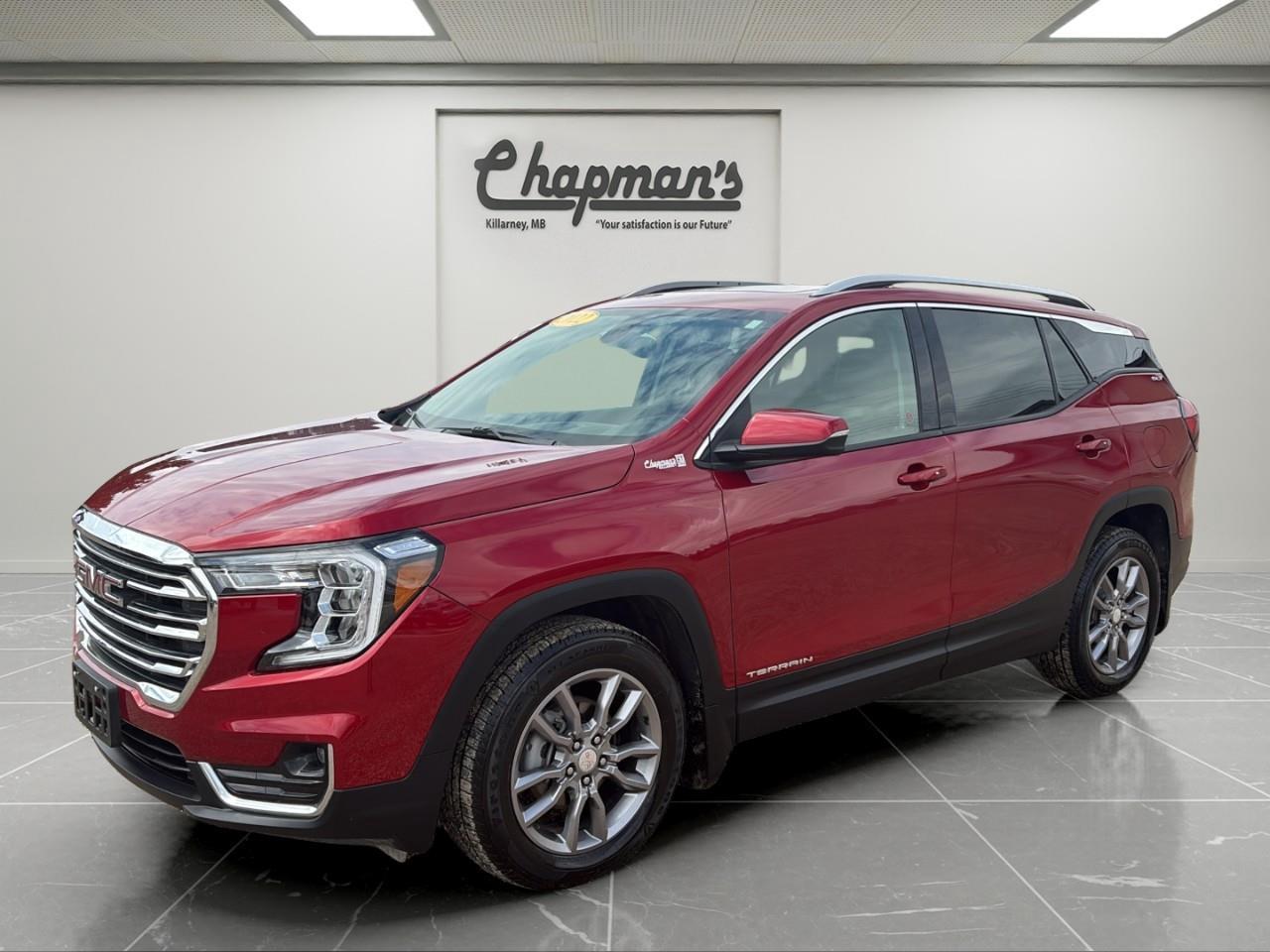 <p>Finished in Cayenne Red Tintcoat with a Jet Black interior, this 2022 GMC Terrain SLT AWD combines premium comfort, advanced safety technology, and confident all-weather capability in a stylish compact SUV. Equipped with the SLT Pro Grade Package, this Terrain offers upscale features, modern connectivity, and refined everyday practicality.</p><p>Powered by a 1.5L turbocharged 4-cylinder engine paired with a 9-speed automatic transmission, this Terrain delivers smooth performance and impressive efficiency. With AWD, remote start, and GMC Pro Safety technologies, it's ready for daily commuting, family travel, and Canadian winters.</p><h3>Performance & Capability</h3><ul><li><p>1.5L turbocharged DOHC 4-cylinder engine</p></li><li><p>9-speed automatic transmission</p></li><li><p>All-wheel drive (AWD)</p></li><li><p>Electronic Precision Shift</p></li><li><p>Engine stop/start technology</p></li><li><p>Engine block heater</p></li><li><p>4-wheel anti-lock disc brakes</p></li><li><p>Electronic parking brake</p></li><li><p>Remote vehicle start</p></li></ul><h3>Interior Comfort & Convenience</h3><ul><li><p>Leather-appointed seating</p></li><li><p>Heated front seats</p></li><li><p>Heated leather-wrapped steering wheel</p></li><li><p>8-way power driver seat with lumbar support</p></li><li><p>6-way power passenger seat with lumbar support</p></li><li><p>Memory settings for driver's seat and mirrors</p></li><li><p>Dual-zone automatic climate control</p></li><li><p>Power sunroof</p></li><li><p>Keyless open and push-button start</p></li><li><p>Universal home remote</p></li><li><p>110V AC power outlet</p></li><li><p>Active noise cancellation</p></li><li><p>Fold-flat front passenger seat</p></li></ul><h3>Technology & Connectivity</h3><ul><li><p>GMC Infotainment System with 8" colour touchscreen</p></li><li><p>Built-in navigation system</p></li><li><p>Apple CarPlay & Android Auto</p></li><li><p>Bose premium speaker system</p></li><li><p>SiriusXM Satellite Radio</p></li><li><p>Bluetooth connectivity</p></li><li><p>OnStar services capability</p></li><li><p>4G LTE Wi-Fi hotspot capability</p></li><li><p>Colour driver information centre</p></li><li><p>USB charging ports for front and rear passengers</p></li></ul><h3>Safety & Driver Assistance</h3><ul><li><p>Adaptive cruise control with camera</p></li><li><p>Automatic emergency braking</p></li><li><p>Forward collision alert</p></li><li><p>Lane keep assist with lane departure warning</p></li><li><p>Side blind zone alert</p></li><li><p>Rear cross-traffic alert</p></li><li><p>Driver's Safety Alert Seat</p></li><li><p>Following distance indicator</p></li><li><p>Front pedestrian braking</p></li><li><p>HD rear vision camera</p></li><li><p>Rear park assist</p></li><li><p>IntelliBeam automatic high beams</p></li><li><p>Teen Driver technology</p></li></ul><h3>Exterior Highlights</h3><ul><li><p>Cayenne Red Tintcoat exterior</p></li><li><p>18" aluminum wheels</p></li><li><p>Hands-free power liftgate</p></li><li><p>LED headlamps</p></li><li><p>LED daytime running lamps</p></li><li><p>LED tail lamps</p></li><li><p>Front fog lamps</p></li><li><p>Heated mirrors with integrated turn signals</p></li><li><p>Driver-side auto-dimming mirror</p></li><li><p>Roof rack side rails</p></li></ul><p>A premium compact SUV that combines turbocharged efficiency, advanced safety technology, and upscale comfort for confident everyday driving.</p><p>Price Includes Dealer Fee.</p><p>Price Excludes PST & GST.</p><p>Financing Options Available, Call For More Details.</p> <p><strong>*While every reasonable effort is made to ensure the accuracy of this information, we are not responsible for any error or omissions contained on these pages. Please verify any information in question with Chapman Motors Ltd.</strong></p>