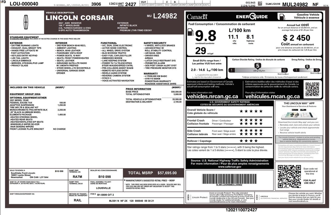 2021 Lincoln Corsair Reserve 200A|20" WHLS|MONOCHROMATIC PK|ELEMENTS PKG| ADAPTIVE SUSPENSION Photo