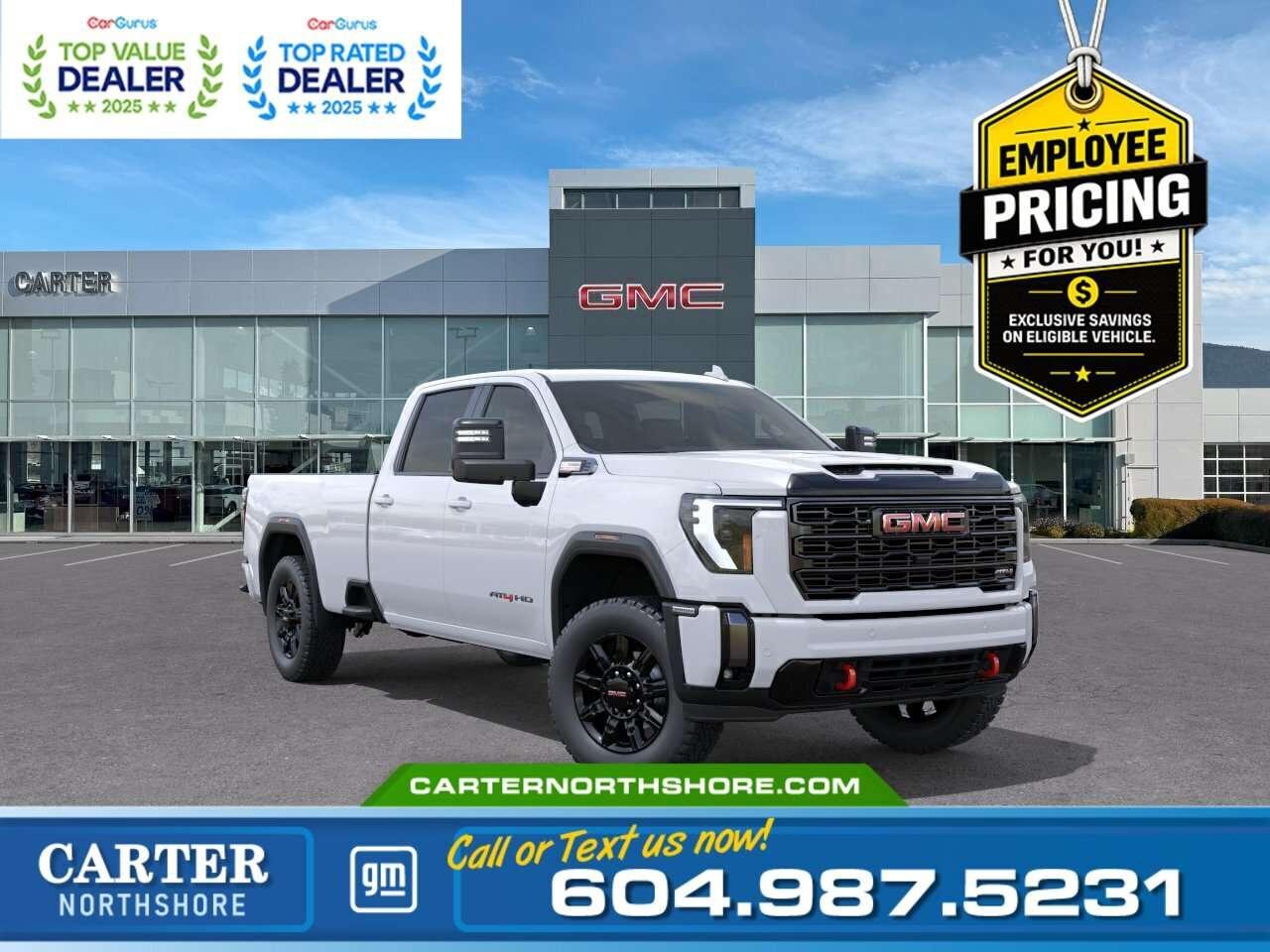 Built for serious capability and off-road confidence, this 2026 GMC Sierra 3500HD AT4 Crew Cab 4WD is ready for any challenge. Powered by the legendary Duramax 6.6L Turbo-Diesel V8 paired with a 10-speed automatic transmission, it delivers exceptional towing and hauling performance. The AT4 package adds rugged styling, off-road suspension, skid plates, black 20-inch wheels, and red recovery hooks. Inside, enjoy heated and ventilated front seats, Bose premium audio, wireless charging, a 13.4-inch touchscreen with Google Built-In, and HD Surround Vision. Come take it for a test drive today and experience all this stylish vehicle has to offer! <b>WHY CARTER GM NORTHSHORE?</b> - An unrivalled vehicle purchasing experience! - Exceeding our loyal customers expectations since 1990 - 4.7 Google star rating (with 1,700+ customer reviews) - CarGurus Top-Rated Dealer 2025 Award - CarGurus Top Value Dealer 2025 Award - Vehicle trades welcome! Best price guaranteed! - We provide upfront pricing, zero hidden fees, and 100% transparency - Fast approvals and 99% acceptance rates (no matter your current credit status!) - Multilingual staff (many languages spoken) - Comfortable non-pressured environment with in-store television, WIFI and a childrens play area! <p><img src=https://gmtadvantage-com.cdn-convertus.com/uploads/sites/16/2025/09/Carter-GM-Burnaby-Car-Gurus-Awards-2025.png alt="" width="300" height="77" /></p> Were here to help you drive the vehicle you want, the vehicle you deserve! <b>QUESTIONS? GREAT! WEVE GOT ANSWERS!</b> To speak with a friendly vehicle specialist - <b>CALL NOW!</b> <small>The advertised price includes all standard dealer fees and any applicable manufacturer or dealer incentives. It does not include applicable taxes, licensing, insurance, or optional products or services. Dealer fees will be clearly broken out and itemized on the bill of sale, maximum total of fees $699.00. Prices are shown in Canadian dollars. While we make every effort to ensure accuracy, vehicle details, pricing, options, and availability are subject to change without notice. Please confirm all information with dealership sales management before purchase. Dealer Code: 81121</small>