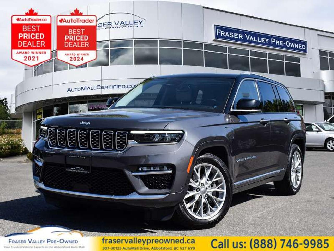 <b>
</b>
  <b>2022 JEEP GRAND CHEROKEE SUMMIT 4XE - ACCIDENT FREE - PLUG-IN HYBRID - 8,881 KM</b>
 
<i>Summit 4xe, plug-in hybrid, Quadra-Lift air suspension, McIntosh 19-speaker audio, massage seats, 360 cam - originally $90K+</i>
 
Fraser Valley Pre-Owned is proud to present this 2022 Jeep Grand Cherokee Summit 4xe in Baltic Grey Metallic over black Nappa leather - accident free, essentially brand new at 8,881 km, and factory-ordered with every available luxury option on a platform that originally stickered well north of $90,000. The Summit 4xe sits at the absolute top of the Grand Cherokee lineup and combines plug-in hybrid efficiency with Jeeps Quadra-Trac II 4x4 system and Quadra-Lift air suspension - meaning this SUV is genuinely capable off-road while delivering EV-range commuting on a daily basis. What separates this specific build from a standard Summit 4xe is the Luxury Tech Group V package: McIntosh 19-speaker premium audio with a 950-watt amplifier, front massage seats, front passenger interactive display, and night vision-style driver assistance systems. Add the panoramic CommandView sunroof, 360-degree surround camera, 4-zone climate control, adaptive cruise control, wireless charging, Apple CarPlay, Android Auto, hands-free power liftgate, ambient interior lighting, and Nappa leather throughout - and you have a luxury SUV that competes with European alternatives at a fraction of the price. At 8,881 km, someone barely drove it.
 
<b>Highlights</b>
 
Summit 4xe - top of the Grand Cherokee lineup
Plug-in hybrid powertrain
Quadra-Trac II 4x4 system
Quadra-Lift air suspension
Luxury Tech Group V package
McIntosh 19-speaker premium audio
950-watt amplifier
Front massage seats
Front passenger interactive display
Night vision-style driver assistance systems
Nappa leather interior throughout
Heated and ventilated front seats
Heated rear seats
Heated steering wheel
Panoramic CommandView sunroof
360-degree surround camera
10.1 touchscreen
Navigation system
Adaptive cruise control
Lane keep assist
Blind spot monitoring
Forward collision warning
4-zone automatic climate control
Wireless charging pad
Apple CarPlay
Android Auto
Memory seating
Ambient interior lighting
Hands-free power liftgate
Remote start
Push button start
 
<b>Restoration Notes</b>
 
Accident free with Normal title branding. Clean overall presentation inside and out consistent with the low kilometre reading. Serviced and inspected to Fraser Valley Automall standards before hitting the lot.
 
Trades welcome.
Finance and warranty options available for all types of credit situations.
 
<b>Dealership:</b>
Fraser Valley Pre-Owned reserves a very short list for vehicles that genuinely stop people in their tracks - and this Grand Cherokee Summit 4xe earned its spot. McIntosh audio, massage seats, Quadra-Lift air suspension, plug-in hybrid, 8,881 km, and an original MSRP over $90,000. Were the only dedicated pre-owned store inside the Fraser Valley Automall, multiple-time AutoTrader Lowest Priced Dealer, and proud 2025 Canadian Consumer Choice Award recipients for Pre-Owned Auto Dealership of the Year. This one will not last - come experience it in person.
 
307-30125 Auto Mall Drive, Abbotsford, BC V2T 6Y9
Fraser Valley Automall
www.fraservalleypreowned.ca
 
All finance/lender options available - cash purchases welcome
 
 
To apply right now for financing use this link: <a href=https://www.fraservalleypreowned.ca/abbotsford-car-loan-application-british-columbia target=_blank>https://www.fraservalleypreowned.ca/abbotsford-car-loan-application-british-columbia</a>
 

| Our Quality Guarantee: We maintain the highest standard of quality that is required for a Pre-Owned Dealership to operate in an Auto Mall. We provide an independent 360-degree inspection report through licensed 3rd Party mechanic shops. Thus, our customers can rest assured each vehicle will be a reliable, and responsible purchase.  |  Purchase Disclaimer: Your selected vehicle may have a differing finance and cash prices. When viewing our vehicles on third party  marketplaces, please click over to our website to verify the correct price for the vehicle. The Sale Price on third party websites will always reflect the Finance Price of our vehicles. If you are making a Cash Purchase, please refer to our website for the Cash Price of the vehicle.  | All prices are subject to and do not include, a $995 Finance Fee, a $995 Document Fee, and a $499 GPS Lot Pack. VSA Security Fee of $10 is applicable as we are a Certified VSA Dealer (#40190).  These fees as well as taxes, are included in all listed listed payment quotes. Please speak with Dealer for full details and exact numbers.  o~o