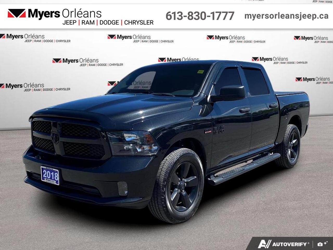 <b>Aluminum Wheels,  Fog Lamps,  Air Conditioning,  Trailer Hitch,  Trailer Sway Control!</b><br> <br>  Compare at $21948 -  is just $21468! <br> <br>Reliable, dependable, and innovative, this Ram 2018 1500 proves that it has what it takes to get the job done right. This 2018 Ram 1500 is fresh on our lot in Orleans.<br> <br>The reasons why this Ram 1500 stands above the well-respected competition are evident: uncompromising capability, proven commitment to safety and security, and state-of-the-art technology. From its muscular exterior to the well-trimmed interior, this 2018 Ram 1500 is more than just a workhorse. Get the job done in comfort and style with this amazing full size truck.<br> <br>This Crew Cab 4X4 pickup has 145,953 km. Its nice in colour and is completely accident free based on the <a href=https://vhr.carfax.ca/?id=gAWEMKlO1HvOsAnETnlxXbbLlGoRiBfi target=_blank>CARFAX Report</a>. It has an Automatic transmission and is powered by a 395HP 5.7L 8 Cylinder Engine. <br> <br> Our 1500s trim level is Express. This Ram 1500 Express is a hard-working truck and a great value. It comes standard with stainless steel exhaust, aluminum wheels, fog lamps, an AM/FM radio with a USB port and an audio aux jack, air conditioning, a front armrest with three cup holders, heavy-duty shock absorbers, tow package with trailer sway control, and more. This vehicle has been upgraded with the following features: Aluminum Wheels, Fog Lamps, Air Conditioning, Trailer Hitch, Trailer Sway Control.<br> To view the original window sticker for this vehicle view this <a href=http://www.chrysler.com/hostd/windowsticker/getWindowStickerPdf.do?vin=1C6RR7KT8JS271186 target=_blank>http://www.chrysler.com/hostd/windowsticker/getWindowStickerPdf.do?vin=1C6RR7KT8JS271186</a>. <br/><br> <br>To apply right now for financing use this link: <a href=https://www.myersorleansjeep.ca/apply-for-financing/ target=_blank>https://www.myersorleansjeep.ca/apply-for-financing/</a><br> <br/>Buy this vehicle now for the lowest weekly payment of <b>$91.54</b> with $0 down for 72 months @ 9.99% APR O.A.C. ( Plus applicable taxes - Plus applicable fees / Total Obligation of $28561 ). See dealer for details. <br><br>The road to new driving experiences begins in our inventory, where youll find an incredible array of brand-new cars, trucks, minivans, and SUVs, including two of our bestselling models, the Dodge Ram 1500 and the Dodge Grand Caravan. If you want to know what the cutting edge of automotive technology looks like, all you have to do is visit Myers Orleans Jeep! Each model comes loaded with the convenient features and cool technology that help make every trip memorable. Looking for additional everyday luxury at a price thats incredibly wallet-friendly? Choose from our selection of quality pre-owned models! If you can think of a road, our friendly and knowledgeable sales team will help you find the perfect vehicle to drive it.<br><br>We may be a well-established dealership thats been part of the community for many years, but that doesnt mean were stuck in the past! At Myers Orleans Jeep, were proud to provide a fresh, modern approach to car buying. Using our array of online tools, you can browse our extensive inventory, schedule a service appointment, order parts, and even apply for credit from wherever youve got a connection. Our goal is to create relationships that will last, and we know that the best way to do this is by providing a dealership experience thats based on honesty, transparency, trust, and a commitment to customers. Stop by today and discover all the ways we go above and beyond for you.<br><br> Come by and check out our fleet of 40+ used cars and trucks and 80+ new cars and trucks for sale in Orleans.  o~o