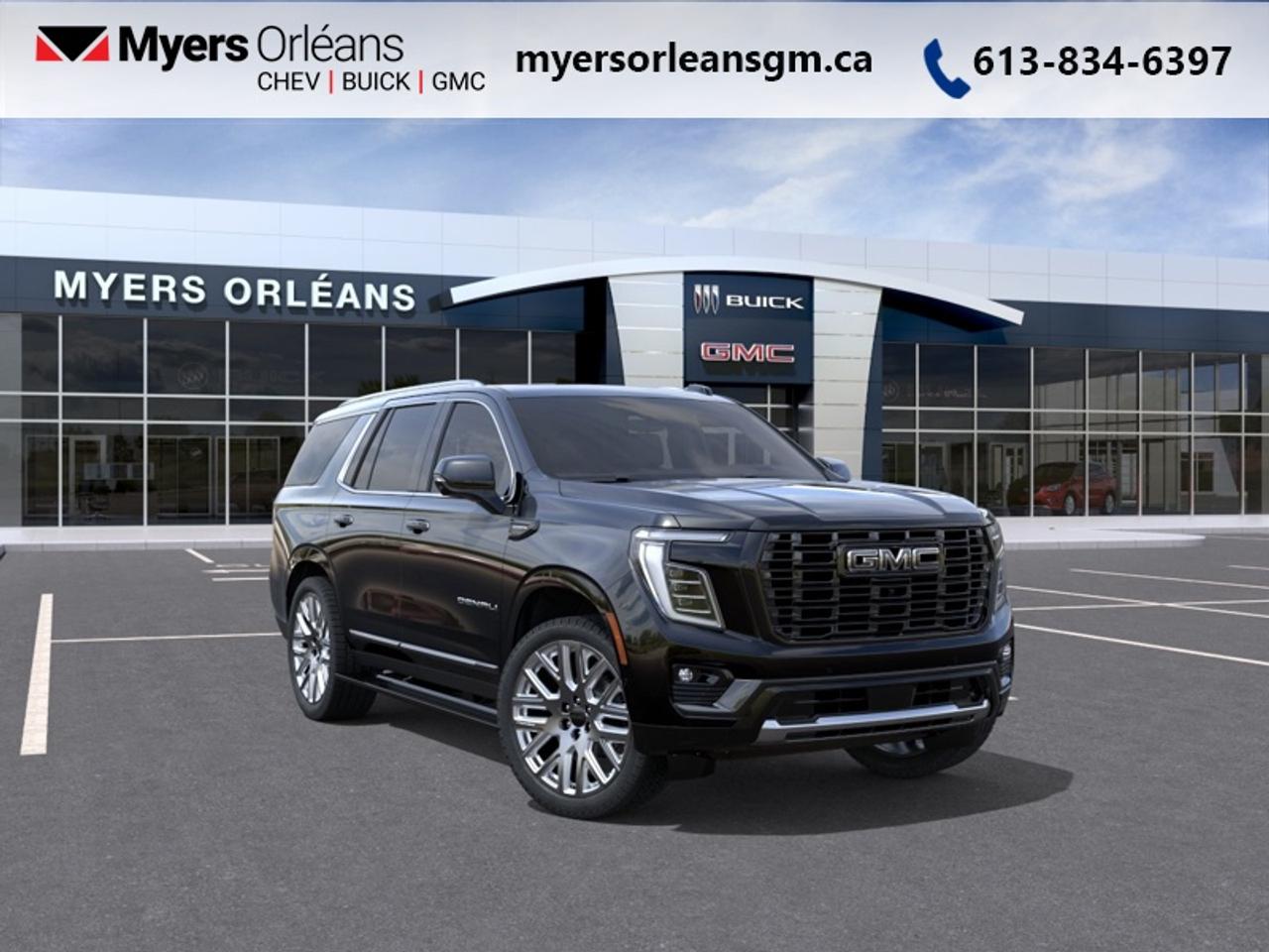 <b>Sunroof,  Advanced Tech Pack,  Massage Seats,  HUD,  Cooled Seats!</b><br> <br> <br> <br>For more than 80 years, the Myers Automotive Group has brought exceptional vehicles and world-class service to drivers in the Ottawa area. Myers Orleans Chevrolet Buick GMC is proud to serve Greater Ottawa, and to continue the tradition of excellence that the Myers name is known for. We are your trusted and professional choice since 1942!<br> <br>Whether youre carrying passengers, hauling cargo, or all of the above, this GMC Yukon is highly capable and up to the task. <br> <br>This GMC Yukon is a traditional full-size SUV thats thoroughly modern. With its truck-based body-on-frame platform, its every bit as tough and capable as a full size pickup truck. The handsome exterior and well-appointed interior are what make this SUV a desirable family hauler. This GMC Yukon sits above the competition in tech, features and aesthetics while staying capable and comfortable enough to take the whole family and a camper along for the adventure.<br> <br>This Onyx Black SUV has an Automatic transmission. <br> <br> Our Yukons trim level is Denali Ultimate. This trim blends high-end refinement with exceptional capability, offering Air Ride Adaptive Suspension, an electronic limited-slip differential, and advanced trailering technology for confident performance on any journey. The cabin delivers a first-class experience with full-grain leather massage seats, heated and ventilated seating in the first two rows, a 16.8-inch premium infotainment system with Google built-in, Bose 18-speaker surround sound, and dual rear entertainment screens. Super Cruise hands-free driving, a Head-Up Display, and a suite of advanced safety features enhance confidence, while exclusive design touches and premium materials make every drive feel elevated. This vehicle has been upgraded with the following features: Sunroof, Advanced Tech Pack, Massage Seats, HUD, Cooled Seats, Heated Steering Wheel, Wireless Charging.<br><br> <br>To apply right now for financing use this link: <a href=https://www.myersorleansgm.ca/FinancePreQualForm target=_blank>https://www.myersorleansgm.ca/FinancePreQualForm</a><br><br> <br/>   <br> Buy this vehicle now for the lowest bi-weekly payment of <b>$957.27</b> with $0 down for 84 months @ 4.99% APR O.A.C. ( Plus applicable taxes -  **Rebates may not be applicable on all purchase types [cash, lease, or finance]. Eligibility and conditions may vary. Please see dealer for full details and confirmation of eligibility.    / Federal Luxury Tax of $7822.00 included.).  Incentives expire 2026-06-01.  See dealer for details. <br> <br>At Myers Orleans Chevrolet, youll find an impressive inventory of brand-new Chevrolet, Buick, and GMC vehicles. But we dont stop there! We also offer an amazing array of gently-used cars, trucks, and SUVs from Chevrolet, as well as a selection of alternate-brand used vehicles from some of Canadas favourite auto makers. When you choose to shop with Myers, youre not limited to what you can find on our well-appointed lot. Youve got the resources of an entire automotive group at your fingertips! Our friendly, no-pressure sales team will go through your list of must-haves, and will match you with the vehicle from Myers that checks off all the right boxes.<br> Come by and check out our fleet of 40+ used cars and trucks and 200+ new cars and trucks for sale in Orleans.  o~o