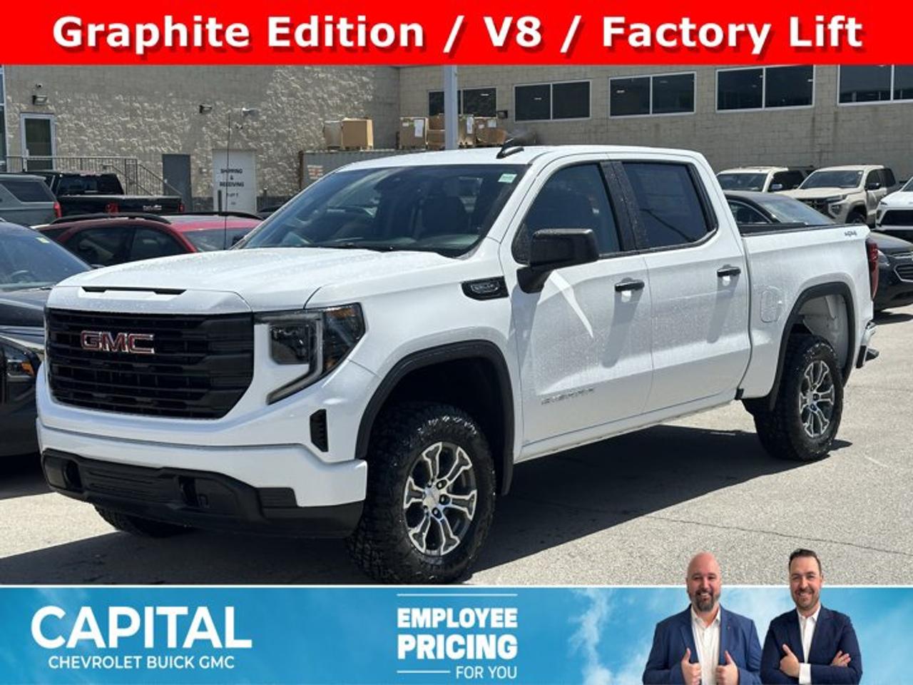 This GMC Sierra 1500 boasts a Gas V8 5.3L/325 engine powering this Automatic transmission. TRANSMISSION, 10-SPEED AUTOMATIC, (COLUMN SHIFTER) ELECTRONICALLY CONTROLLED with overdrive and tow/haul mode. Includes Cruise Grade Braking and Powertrain Grade Braking, TRAILER BRAKE CONTROLLER, INTEGRATED, TAILGATE, GMC MULTIPRO TAILGATE with six functional load/access features (Includes (QT5) EZ Lift power lock and release tailgate..* This GMC Sierra 1500 Features the Following Options *PRO VALUE PACKAGE includes (PCI) Convenience Package and (Z82) Trailering Package , REAR AXLE, 3.23 RATIO, PRO PREFERRED EQUIPMENT GROUP includes standard equipment, GVWR, 7100 LBS. (3221 KG), GRAPHITE EDITION includes (U2K) SiriusXM, (VT5) body-colour rear bumper, (VB5) body colour front bumper, (B30) colour-keyed carpeting, (BTV) Remote Start, (UTJ) Theft-deterrent system, (RD3) 20 6-spoke High gloss Black painted aluminum wheels, and (QAB) 275/60R20 all-season tires and Body colour upper grille., ENGINE, 5.3L ECOTEC3 V8 (355 hp [265 kW] @ 5600 rpm, 383 lb-ft of torque [518 Nm] @ 4100 rpm); featuring Dynamic Fuel Management (Includes (KW7) 170-amp alternator and (MHT) 10-speed automatic transmission., ENGINE BLOCK HEATER, AUTO-LOCKING REAR DIFFERENTIAL, Wireless, Apple CarPlay / Wireless Android Auto, Windows, power rear, express down (Not available on Regular Cab models.).* Visit Us Today *Test drive this must-see, must-drive, must-own beauty today at Capital Chevrolet Buick GMC Inc., 13103 Lake Fraser Drive SE, Calgary, AB T2J 3H5.