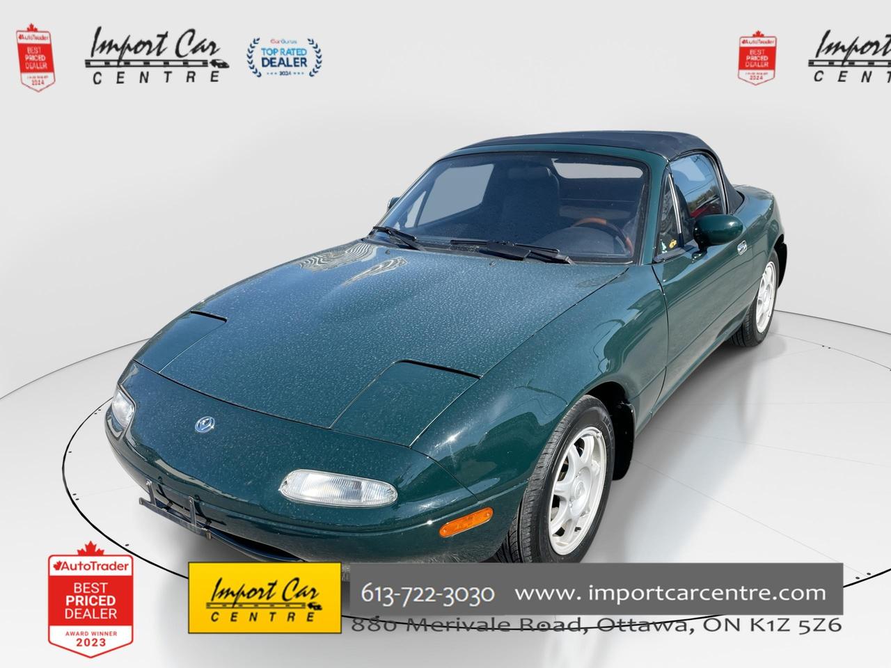 PLEASE NOTE - THIS IS A 1994 MAZDA MIATA AND NOT A 1996 MODEL YEAR *** OTTAWAS ORIGINAL IMPORT DEALER!!  SMETANA APPROVED ***  We are HUGE fans of Miatas...pound for pound, this is the most fun you will have in a roadster spending this little amount of money!!  Yes, it is a 1994, finished in British Racing Green with contrasting black fabric seating surfaces, Momo steering wheel, wood gear shift and parking brake handle, alloy wheels all compliment this amazing driving 1994 Mazda Miata.  Perfection and beyond!!  Home of the Platinum up to 240,000kms warranty and financing is always available O.A.C Import Car Centre, proudly serving the Ottawa and surrounding area for over 45 years. Come down and experience Import Car Centre for yourself and see just why our customers are so happy! 

  Advertised price includes $22 OMVIC fee and $40 Carfax fee; excludes taxes and licensing. #importcarcentre #smetanaapproved #iccs