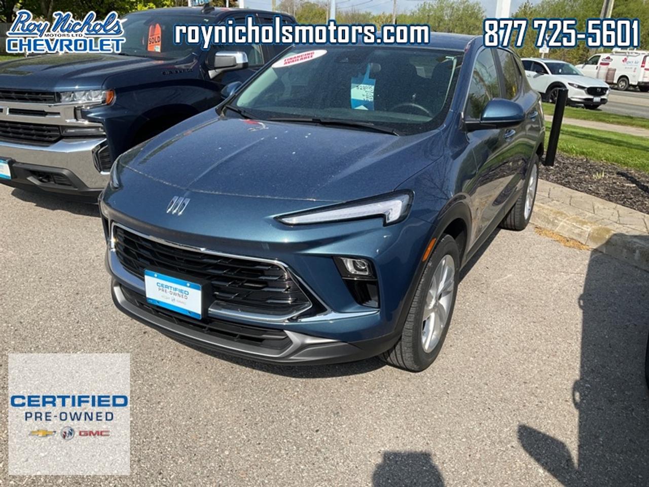 <b>One Owner, Ex-lease, Certified, Low Mileage, Heated Seats,  Heated Steering Wheel,  Remote Start,  Lane Keep Assist,  Lane Departure Warning!</b><br> <br> This Buick Encore GX is ready for wherever life takes you. This 2024 Buick Encore GX is fresh on our lot in Courtice. <br> <br>This intelligently engineered Encore GX is ready to hit the road with versatile seating and cargo, stunning style, and an adventurous spirit. This SUV can fit your life, fit into your life, and help you find where you fit in all in one drive. With efficient power delivery and an engaging infotainment system, even the longest trips are made fun. For the evolution of the luxury family SUV, look no further than this Buick Encore GX. This low mileage SUV has just 21,071 km and is a Certified Pre-Owned vehicle. Its Ocean Blue Metallic in colour. It has an Automatic transmission and is powered by a smooth engine. And its got a certified used vehicle warranty for added peace of mind. This vehicle has been upgraded with the following features: Heated Seats, Heated Steering Wheel, Remote Start, Lane Keep Assist, Lane Departure Warning, Apple CarPlay, Android Auto.<br> <br/>This vehicle has met our highest standard and has been put through the GM certification process by our GM trained technicians. Our GM Certified used vehicles go thru an extensive 150 + point inspection and are reconditioned back to near new condition.  Each vehicle comes with a minimum of a 3 month, 5000 KM warranty or the balance of the factory warranty (whichever is longer) with 24 hour roadside assistance. They also come with satisfaction guaranteed; a 30 day or 2500 km exchange privilege if you are not completely satisfied. And thats standard. If your budget permits, you can extend or upgrade to an even more comprehensive Certified Pre-Owned Vehicle Protection Plan . Youll also appreciate the convenience of being able to transfer any existing warranties to a new owner, should you ever decide to sell your Certified Pre-Owned Vehicle.If you are a student or recently graduated, you may also qualify for an additional $500 discount when a used GM vehicle is purchased.  For more information, please call any of our knowledgeable used vehicle staff at 877-725-5601.<br> <br/><br>Roy Nichols Motors is located in Courtice which is just east of Oshawa and west of Bowmanville. We offer an excellent selection of pre owned vehicles to choose from. To book a test drive or inquire about financing and leasing options, call one of our knowledgeable and professional staff today at (877) 725-5601. <br> Come by and check out our fleet of 20+ used cars and trucks and 100+ new cars and trucks for sale in Courtice.  o~o