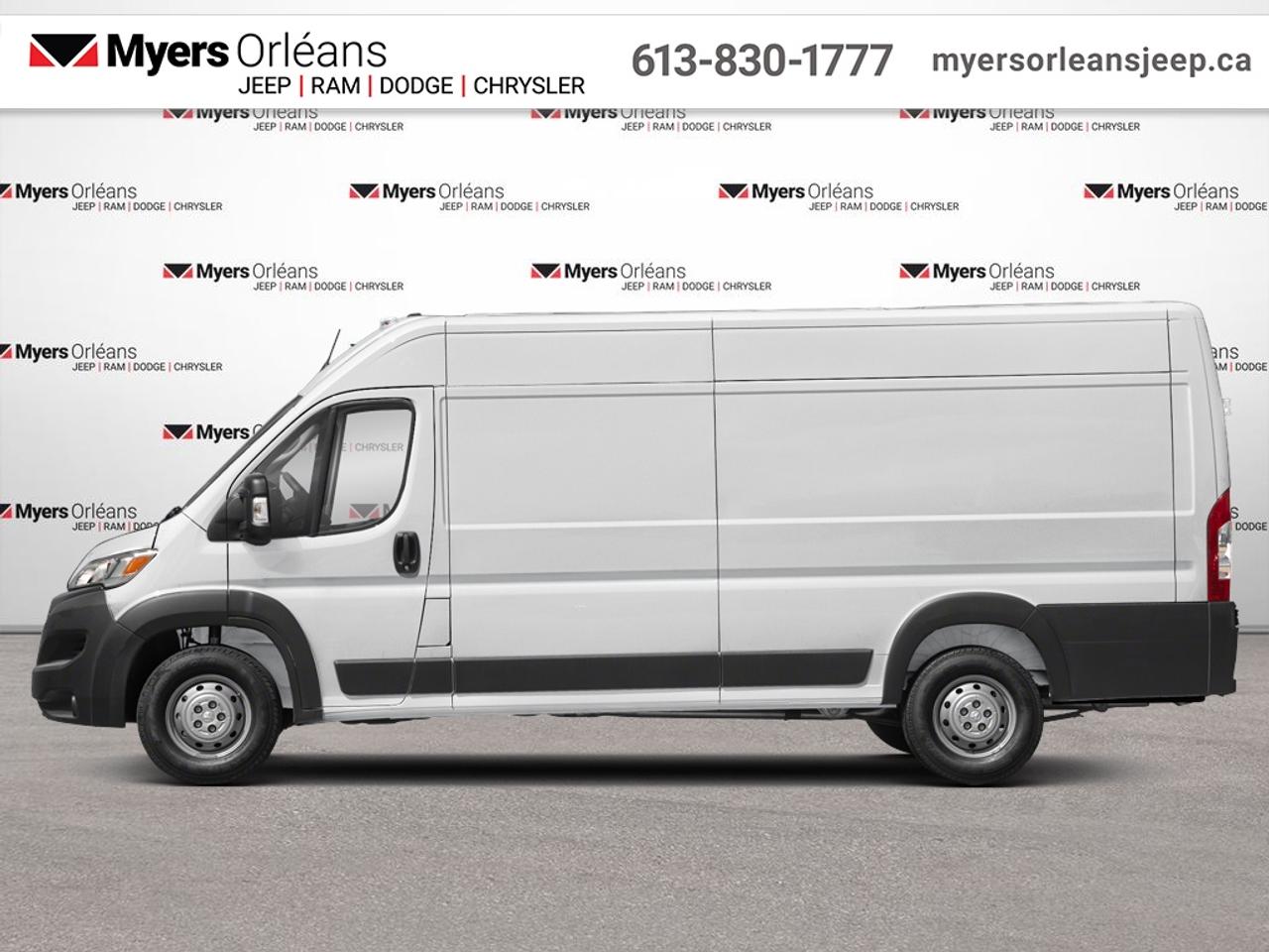 <b>Rear Camera,  Remote Keyless Entry,  Uconnect3,  Streaming Audio,  Air Conditioning!</b><br> <br>  Compare at $48478 -  is just $47000! <br> <br>This Ram ProMaster Cargo Van offers a space-efficient design, a user-friendly interior, and is the ultimate commercial-friendly vehicle. This 2024 Ram ProMaster Cargo Van is fresh on our lot in Orleans.<br> <br>This Ram ProMaster is a purpose-built, full-size van, designed to deliver maximum utility and functionality. With an upfitter-friendly design that includes nearly vertical side walls and uninterrupted floor space, this ProMaster delivers maximum storage, functionality, and simple configurability. Class-exclusive front-wheel drive gives this van enhanced traction in all seasons while providing increased cargo capacity.<br> <br>This van has 51,201 km. Its Bright White in colour. It has an Automatic transmission and is powered by a 276HP 3.6L V6 Cylinder Engine. <br> <br> Our ProMaster Cargo Vans trim level is 3500 High Roof Ext 159. This full-size van comes packed with work-ready features inside and out. Featuring the best-in-class turning diameter, exceptional payload capacity and it also includes remote keyless entry, air conditioning, power windows, Uconnect 3 w/5 inch display screen and streaming audio, a remote USB port for charging your devices, tire pressure monitoring, electronic stability control, trailer sway control, electronic roll mitigation, Rams Parkview rear camera and much more. This vehicle has been upgraded with the following features: Rear Camera, Remote Keyless Entry, Uconnect3, Streaming Audio, Air Conditioning, Power Windows.<br> To view the original window sticker for this vehicle view this <a href=http://www.chrysler.com/hostd/windowsticker/getWindowStickerPdf.do?vin=3C6MRVJG9RE105888 target=_blank>http://www.chrysler.com/hostd/windowsticker/getWindowStickerPdf.do?vin=3C6MRVJG9RE105888</a>. <br/><br> <br>To apply right now for financing use this link: <a href=https://www.myersorleansjeep.ca/apply-for-financing/ target=_blank>https://www.myersorleansjeep.ca/apply-for-financing/</a><br> <br/>Buy this vehicle now for the lowest weekly payment of <b>$147.57</b> with $0 down for 96 months @ 6.99% APR O.A.C. ( Plus applicable taxes - Plus applicable fees / Total Obligation of $61390 ). See dealer for details. <br><br>The road to new driving experiences begins in our inventory, where youll find an incredible array of brand-new cars, trucks, minivans, and SUVs, including two of our bestselling models, the Dodge Ram 1500 and the Dodge Grand Caravan. If you want to know what the cutting edge of automotive technology looks like, all you have to do is visit Myers Orleans Jeep! Each model comes loaded with the convenient features and cool technology that help make every trip memorable. Looking for additional everyday luxury at a price thats incredibly wallet-friendly? Choose from our selection of quality pre-owned models! If you can think of a road, our friendly and knowledgeable sales team will help you find the perfect vehicle to drive it.<br><br>We may be a well-established dealership thats been part of the community for many years, but that doesnt mean were stuck in the past! At Myers Orleans Jeep, were proud to provide a fresh, modern approach to car buying. Using our array of online tools, you can browse our extensive inventory, schedule a service appointment, order parts, and even apply for credit from wherever youve got a connection. Our goal is to create relationships that will last, and we know that the best way to do this is by providing a dealership experience thats based on honesty, transparency, trust, and a commitment to customers. Stop by today and discover all the ways we go above and beyond for you.<br><br> Come by and check out our fleet of 30+ used cars and trucks and 80+ new cars and trucks for sale in Orleans.  o~o