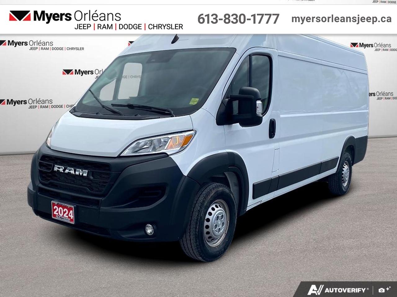 <b>Rear Camera,  Remote Keyless Entry,  Uconnect3,  Streaming Audio,  Air Conditioning!</b><br> <br>  Compare at $42328 -  is just $41498! <br> <br>With an easy loading floor, great forward visibility and class-exclusive features, this Ram ProMaster Cargo Van has an edge over its competition. This 2024 Ram ProMaster Cargo Van is for sale today in Orleans.<br> <br>This Ram ProMaster is a purpose-built, full-size van, designed to deliver maximum utility and functionality. With an upfitter-friendly design that includes nearly vertical side walls and uninterrupted floor space, this ProMaster delivers maximum storage, functionality, and simple configurability. Class-exclusive front-wheel drive gives this van enhanced traction in all seasons while providing increased cargo capacity.<br> <br>This van has 51,681 km. Its Bright White in colour. It has an Automatic transmission and is powered by a 276HP 3.6L V6 Cylinder Engine. <br> <br> Our ProMaster Cargo Vans trim level is 3500 High Roof Ext 159. This full-size van comes packed with work-ready features inside and out. Featuring the best-in-class turning diameter, exceptional payload capacity and it also includes remote keyless entry, air conditioning, power windows, Uconnect 3 w/5 inch display screen and streaming audio, a remote USB port for charging your devices, tire pressure monitoring, electronic stability control, trailer sway control, electronic roll mitigation, Rams Parkview rear camera and much more. This vehicle has been upgraded with the following features: Rear Camera, Remote Keyless Entry, Uconnect3, Streaming Audio, Air Conditioning, Power Windows.<br> To view the original window sticker for this vehicle view this <a href=http://www.chrysler.com/hostd/windowsticker/getWindowStickerPdf.do?vin=3C6MRVJG0RE105889 target=_blank>http://www.chrysler.com/hostd/windowsticker/getWindowStickerPdf.do?vin=3C6MRVJG0RE105889</a>. <br/><br> <br>To apply right now for financing use this link: <a href=https://www.myersorleansjeep.ca/apply-for-financing/ target=_blank>https://www.myersorleansjeep.ca/apply-for-financing/</a><br> <br/>Buy this vehicle now for the lowest weekly payment of <b>$125.61</b> with $0 down for 96 months @ 5.99% APR O.A.C. ( Plus applicable taxes - Plus applicable fees / Total Obligation of $52255 ). See dealer for details. <br><br>The road to new driving experiences begins in our inventory, where youll find an incredible array of brand-new cars, trucks, minivans, and SUVs, including two of our bestselling models, the Dodge Ram 1500 and the Dodge Grand Caravan. If you want to know what the cutting edge of automotive technology looks like, all you have to do is visit Myers Orleans Jeep! Each model comes loaded with the convenient features and cool technology that help make every trip memorable. Looking for additional everyday luxury at a price thats incredibly wallet-friendly? Choose from our selection of quality pre-owned models! If you can think of a road, our friendly and knowledgeable sales team will help you find the perfect vehicle to drive it.<br><br>We may be a well-established dealership thats been part of the community for many years, but that doesnt mean were stuck in the past! At Myers Orleans Jeep, were proud to provide a fresh, modern approach to car buying. Using our array of online tools, you can browse our extensive inventory, schedule a service appointment, order parts, and even apply for credit from wherever youve got a connection. Our goal is to create relationships that will last, and we know that the best way to do this is by providing a dealership experience thats based on honesty, transparency, trust, and a commitment to customers. Stop by today and discover all the ways we go above and beyond for you.<br><br> Come by and check out our fleet of 40+ used cars and trucks and 60+ new cars and trucks for sale in Orleans.  o~o