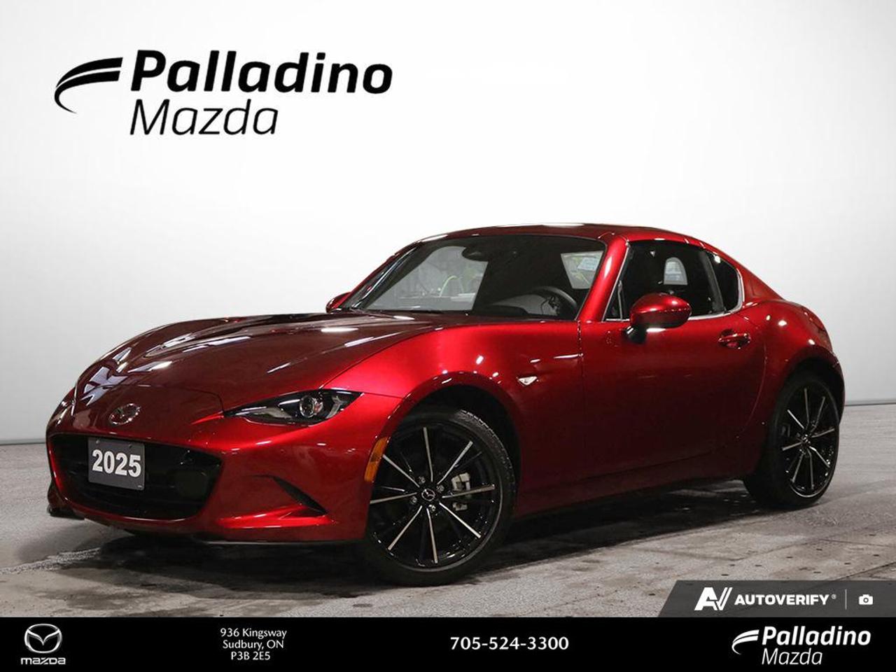 Turn every drive into an event in this 2025 Mazda MX-5 RF GT - END OF SUMMER CLEARANCE. Offered by Palladino Mazda in Greater Sudbury, this used convertible blends classic roadster spirit with modern Mazda engineering. With only 10 km, a bold red exterior, two-door design, and a precise SKYACTIV-MT 6-Speed Manual transmission, it delivers a pure and connected drive.

The 2025 Mazda MX-5 RF GT - END OF SUMMER CLEARANCE stands out with its retractable fastback roof design, compact footprint, and balanced rear-wheel-drive character. Its SKYACTIV-G 2.0-litre DOHC 16-valve I4 gasoline engine is built to feel eager and responsive. This is the kind of sports car that keeps driving simple, light, and rewarding.

FEATURES OF THE MX-5 RF GT - END OF SUMMER CLEARANCE

»» Retractable fastback roof adds coupe versatility
»» Lightweight roadster design supports agile handling
»» Rear-wheel drive delivers classic sports balance
»» Manual gearbox enhances driver control feel

ADVANCED SAFETY FEATURES

»» Rearview camera supports easier reversing visibility
»» Advanced airbags help protect occupants inside
»» Stability control supports confident cornering manners
»» Anti-lock brakes help maintain steering control

PERFORMANCE AND EFFICIENCY

»» SKYACTIV-G 2.0-litre engine feels lively and smooth
»» Six-speed manual transmission adds direct engagement
»» Lightweight build helps sharpen response times
»» Gasoline power balances performance and efficiency

COMFORT AND CONVENIENCE

»» Two-door layout keeps entry simple and sporty
»» Compact cabin keeps controls close at hand
»» Driver-focused cockpit supports easy operation daily
»» RF roof adds flexible open-air enjoyment

TECHNOLOGY AND CONNECTIVITY

»» Clear driver displays present key vehicle data
»» Easy-to-reach controls support focused driving
»» Modern cabin layout feels intuitive to use
»» Convenient interface keeps essentials within reach

CARGO SPACE

»» Rear trunk suits light travel needs
»» Compact storage matches roadster design purpose
»» Space works well for weekend bags
»» Cabin storage helps organize small items

AWARDS & RECOGNITIONS

»» 2024 Best Sports Car, The Car Guide
»» 2024 Editors Choice, AutoTrader Canada

WHAT OTHER OWNERS LIKE

»» Sharp handling inspires confidence on curves
»» Manual transmission adds fun and involvement
»» Retractable roof gives coupe and convertible appeal
»» Compact size makes city driving easier

At Palladino Mazda, this red 2025 Mazda MX-5 RF GT - END OF SUMMER CLEARANCE offers a rare mix of low kilometres, timeless roadster appeal, and true driver engagement. The RF body style adds year-round versatility, while the manual transmission keeps every shift satisfying. If you want a convertible that feels honest, athletic, and built for people who love to drive, this MX-5 RF deserves your full attention.

This 2025 Mazda MX-5 RF GT - END OF SUMMER CLEARANCEs VIN is: JM1NDAM72S0657327.<p>Turn every drive into an event in this 2025 Mazda MX-5 RF GT - END OF SUMMER CLEARANCE. Offered by Palladino Mazda in Greater Sudbury</p>
<p> it delivers a pure and connected drive.

The 2025 Mazda MX-5 RF GT - END OF SUMMER CLEARANCE stands out with its retractable fastback roof design</p>
<p> and balanced rear-wheel-drive character. Its SKYACTIV-G 2.0-litre DOHC 16-valve I4 gasoline engine is built to feel eager and responsive. This is the kind of sports car that keeps driving simple</p>
<p> and rewarding.

FEATURES OF THE MX-5 RF GT - END OF SUMMER CLEARANCE

»» Retractable fastback roof adds coupe versatility
»» Lightweight roadster design supports agile handling
»» Rear-wheel drive delivers classic sports balance
»» Manual gearbox enhances driver control feel

ADVANCED SAFETY FEATURES

»» Rearview camera supports easier reversing visibility
»» Advanced airbags help protect occupants inside
»» Stability control supports confident cornering manners
»» Anti-lock brakes help maintain steering control

PERFORMANCE AND EFFICIENCY

»» SKYACTIV-G 2.0-litre engine feels lively and smooth
»» Six-speed manual transmission adds direct engagement
»» Lightweight build helps sharpen response times
»» Gasoline power balances performance and efficiency

COMFORT AND CONVENIENCE

»» Two-door layout keeps entry simple and sporty
»» Compact cabin keeps controls close at hand
»» Driver-focused cockpit supports easy operation daily
»» RF roof adds flexible open-air enjoyment

TECHNOLOGY AND CONNECTIVITY

»» Clear driver displays present key vehicle data
»» Easy-to-reach controls support focused driving
»» Modern cabin layout feels intuitive to use
»» Convenient interface keeps essentials within reach

CARGO SPACE

»» Rear trunk suits light travel needs
»» Compact storage matches roadster design purpose
»» Space works well for weekend bags
»» Cabin storage helps organize small items

AWARDS & RECOGNITIONS

»» 2024 Best Sports Car</p>
<p> AutoTrader Canada

WHAT OTHER OWNERS LIKE

»» Sharp handling inspires confidence on curves
»» Manual transmission adds fun and involvement
»» Retractable roof gives coupe and convertible appeal
»» Compact size makes city driving easier

At Palladino Mazda</p>
<p> while the manual transmission keeps every shift satisfying. If you want a convertible that feels honest</p>
<p> this MX-5 RF deserves your full attention.

This 2025 Mazda MX-5 RF GT - END OF SUMMER CLEARANCEs VIN is: JM1NDAM72S0657327.</p>