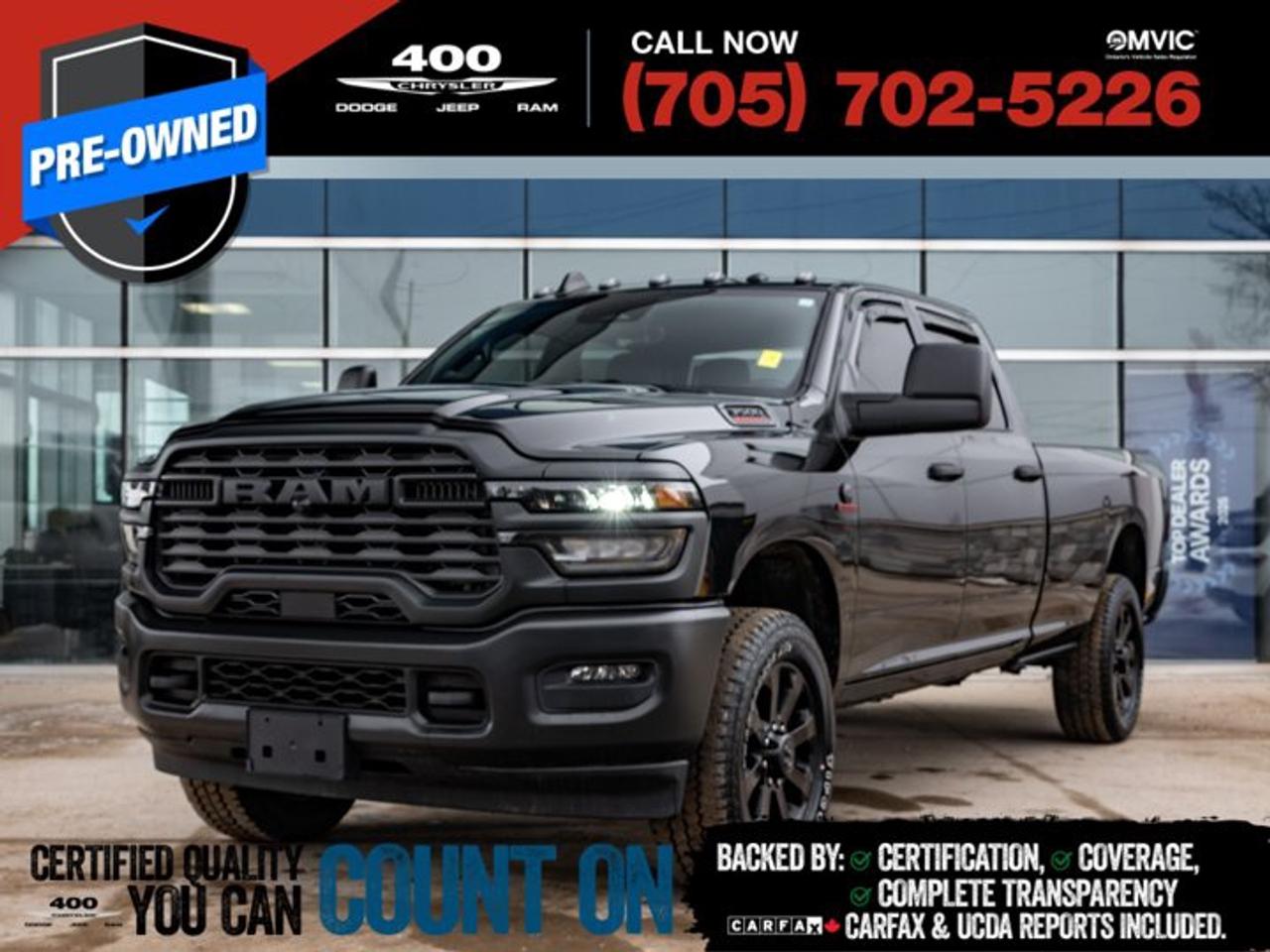 Take on the toughest jobs with confidence in this 2026 RAM 3500 Tradesman Crew Cab 4x4, built to deliver uncompromising power and capability. Equipped with the legendary 6.7L Cummins High-Output turbo diesel engine paired to a smooth 8-speed TorqueFlite automatic transmission, this heavy-duty truck is ready for serious towing and hauling. Finished in Diamond Black Crystal Pearl and loaded with the Customer Preferred Package 24A and 5th Wheel & Gooseneck Towing Prep Group, its fully prepared for work with a factory-installed 5th wheel setup, auxiliary switches, clearance lamps, rear wheelhouse liners, and a massive 189-litre fuel tank to keep you on the road longer. Inside, youll find practical comfort with durable cloth seating, a 3.5-inch in-cluster display, Uconnect 5 with an 8.4-inch touchscreen, Apple CarPlay and Android Auto, plus advanced safety features like Forward Collision Warning, Adaptive Cruise Control with Stop, and ParkView Rear Back-Up Camera. If youre looking for a no-nonsense heavy-duty truck thats ready to earn its keep from day one, this RAM 3500 Tradesman delivers the strength, technology, and reliability to get the job done right.CARFAX Canada No Reported AccidentsCARFAX Canada One OwnerThis vehicle is certified. You can trust that each certified vehicle goes through a 150-point inspection by our factory-trained master technicians. Our requirements exceed the provincial regulations of safety standards.With every detail disclosed and every standard met, confidence comes standard.Verified Vehicle History: CarFAX and UCDA reports included.Certified & Serviced: Oil, filters, and wipers replaced before delivery.Warranty You Can Trust: Up to 8 years or 200,000 KM of coverage.Finance Made Simple: Competitive rates for all credit profiles.We pay cash for cars, even if you dont buy one from us! Talk to us today!Diamond Black Crystal Pearlcoat 2026 Ram 3500 Tradesman 4D Crew Cab 6.7L I-6 Diesel Turbocharged 8-Speed Automatic 4WDWe have over 100 pre-owned vehicles available, with extra off-site inventory available at all times. Prices are plus HST and licensing fee.Thank you for choosing 400 Chrysler Dodge Jeep Ram, where the easy car-buying experience is all about you!