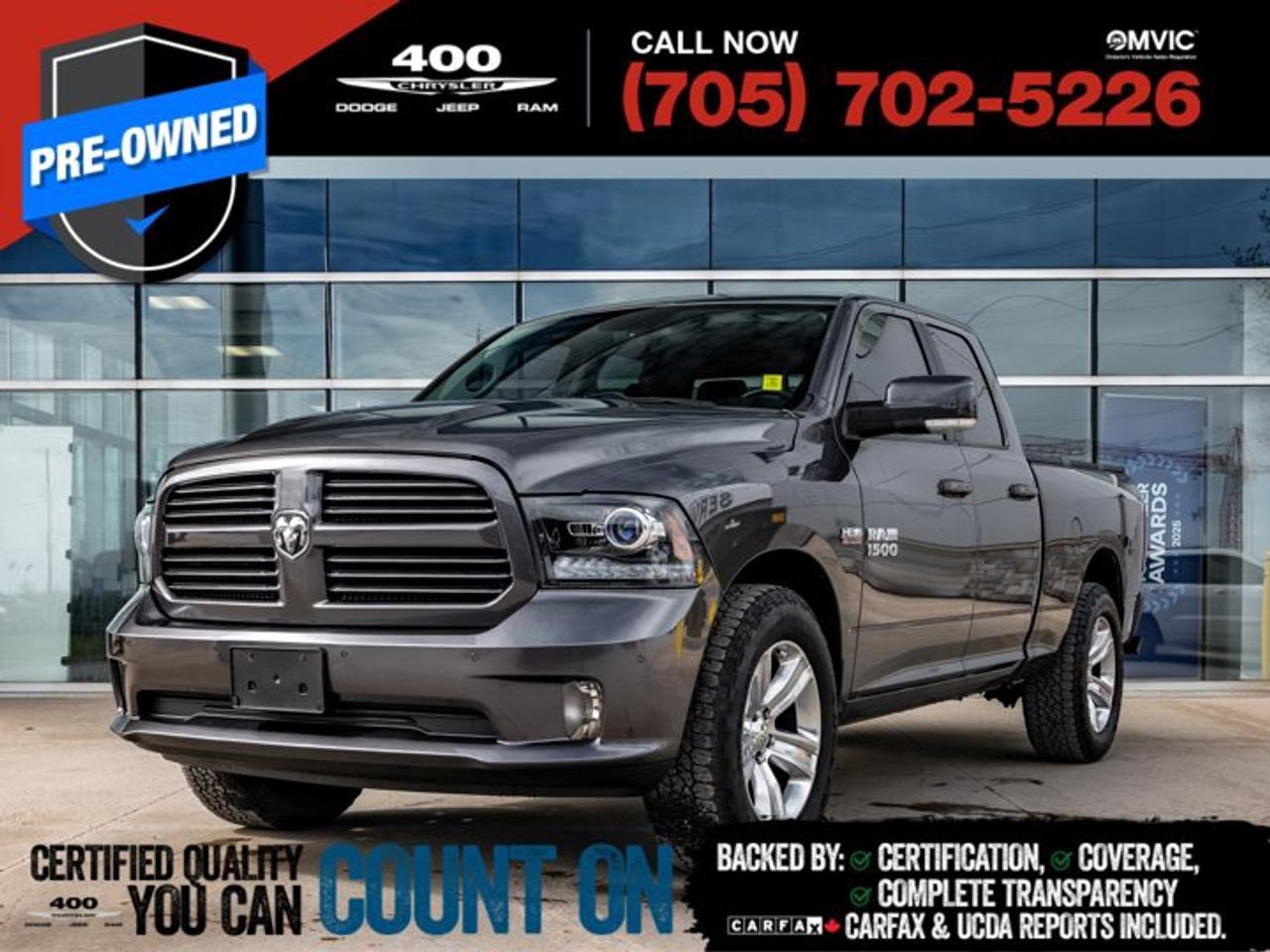 Get behind the wheel of this bold and powerful 2017 RAM 1500 Sport Quad Cab 4x4 finished in stunning Granite Crystal Metallic with aggressive styling and legendary HEMI performance. Under the hood sits the proven 5.7L HEMI VVT V8 with FuelSaver MDS paired to a smooth 8-speed TorqueFlite automatic transmission, delivering the perfect mix of power, towing capability, and everyday drivability. Inside, this Sport model is loaded with premium comfort features including leather-faced heated and ventilated bucket seats, a heated steering wheel, power-adjustable front seats, dual-zone automatic climate control, and a power sunroof for an upscale driving experience. The cabin is packed with technology thanks to the Uconnect 8.4-inch touchscreen with navigation, Bluetooth streaming, SiriusXM, and a premium 9-speaker Alpine audio system with subwoofer. On the outside, bright dual exhaust tips, 20-inch aluminum wheels, power folding mirrors, spray-in bedliner, and a Class IV hitch receiver give this truck the rugged look and capability RAM is known for. Equipped with ParkView backup camera, front and rear park assist, remote start, remote proximity entry, and advanced convenience features, this RAM 1500 Sport is the perfect combination of muscle, luxury, and versatility.