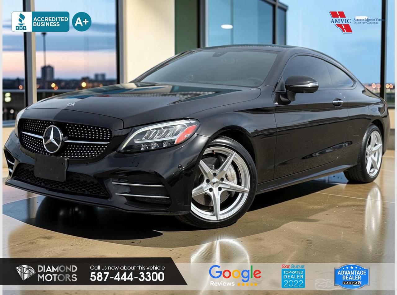 LIMITED TIME at Diamond Motors <br/> Drive away with a FREE 1-Year Warranty + low payments included at Listed Price. T&Cs Apply. <br/> <br/> <br/> Now Available: 2019 Mercedes-Benz C-Class C300 4MATIC Coupe Black has 115,463 KM on it. 2L 4 Cylinder Engine engine, All-Wheel Drive, Automatic transmission, 5 Seater passengers, on special price for $27,900.00. <br/> <br/> <br/> 2L 4 CYLINDER ENGINE, NO ACCIDENTS, LEATHER, NAVIGATION, HEATED SEATS, HEATED STEERING WHEEL, BLUETOOTH, BLIND SPOT MONITORING, KEYLESS ENTRY, PANORAMIC ROOF, AWD, POWER SEATS, PUSH START, MEMORY SEATS, 360 CAMERA, DUAL CLIMATE CONTROL AND MUCH MORE!!!!!! <br/> <br/> <br/> Book your appointment today for Test Drive. We offer contactless Test drives & Virtual Walkarounds. Stock Number: 261098 <br/> Disclosure: This vehicle was previously registered in BC. Vehicle has passed all required inspections in Alberta. <br/> At Diamond Motors, we are dedicated to providing you with an outstanding car-buying experience, offering quality pre-owned vehicles at prices that fit your budget. Our transparent and honest approach means you can expect straightforward guidance without any high-pressure sales tactics. We believe in building lasting relationships with our customers by offering personalized service tailored to your needs. From the moment you step onto our lot, our team is here to support you every step of the way, ensuring you leave confident in your decision. Trust, integrity, and customer satisfaction are the foundation of everything we do. <br/> <br/> <br/> Why Choose Diamond Motors?<br/> <br/> Certified Pre-Owned Vehicles <br/> Family Owned & Operated <br/> 100+ Vehicles in Stock <br/> Finance & Extended Warranty Available <br/> Transparent Pricing <br/> Inspection & Carfax Provided <br/> No-Pressure Buying Experience <br/> Full Disclosure Guaranteed <br/> Top Google Rated Dealership <br/> Trade-Ins Welcome <br/> AMVIC Licensed & BBB Accredited <br/> CarGurus Top-Rated Dealer (2022 & 2024) <br/> <br/> <br/> Phone to schedule an appointment @ 587-444-3300 or simply browse our inventory online www.diamondmotors.ca or come and see us at our location at <br/> 3403 93 street NW, Edmonton, T6E 6A4 <br/> <br/> <br/> To view the rest of our inventory: <br/> www.diamondmotors.ca/inventory <br/> <br/> <br/> This dealership provides all required disclosures in accordance with AMVIC regulations. A completed Mechanical Fitness Assessment and its associated inspection work order will be supplied with every vehicle. A Carfax (or equivalent) vehicle history report will also be provided, including available information on previous damage, accident history, stolen or salvage status, and jurisdictional records. <br/> Customers are encouraged to review all vehicle features, options, and equipment for accuracy prior to purchase. <br/>
