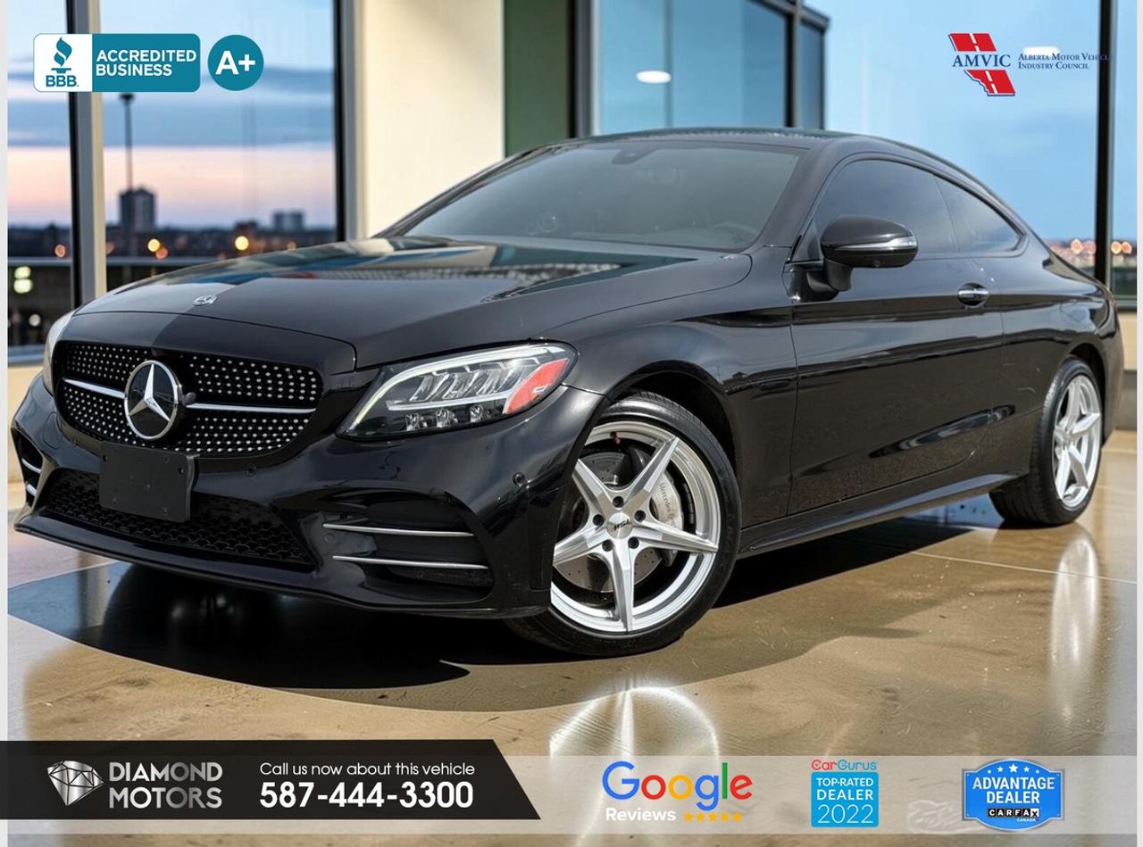 LIMITED TIME at Diamond Motors <br/> Drive away with a FREE 1-Year Warranty + low payments included at Listed Price. T&Cs Apply. <br/> <br/> <br/> Now Available: 2019 Mercedes-Benz C-Class C300 4MATIC Coupe Black has 115,463 KM on it. 2L 4 Cylinder Engine engine, All-Wheel Drive, Automatic transmission, 5 Seater passengers, on special price for $27,900.00. <br/> <br/> <br/> 2L 4 CYLINDER ENGINE, NO ACCIDENTS, LEATHER, NAVIGATION, HEATED SEATS, HEATED STEERING WHEEL, BLUETOOTH, BLIND SPOT MONITORING, KEYLESS ENTRY, PANORAMIC ROOF, AWD, POWER SEATS, PUSH START, MEMORY SEATS, 360 CAMERA, DUAL CLIMATE CONTROL AND MUCH MORE!!!!!! <br/> <br/> <br/> Book your appointment today for Test Drive. We offer contactless Test drives & Virtual Walkarounds. Stock Number: 261098 <br/> Disclosure: This vehicle was previously registered in BC. Vehicle has passed all required inspections in Alberta. <br/> At Diamond Motors, we are dedicated to providing you with an outstanding car-buying experience, offering quality pre-owned vehicles at prices that fit your budget. Our transparent and honest approach means you can expect straightforward guidance without any high-pressure sales tactics. We believe in building lasting relationships with our customers by offering personalized service tailored to your needs. From the moment you step onto our lot, our team is here to support you every step of the way, ensuring you leave confident in your decision. Trust, integrity, and customer satisfaction are the foundation of everything we do. <br/> <br/> <br/> Why Choose Diamond Motors?<br/> <br/> Certified Pre-Owned Vehicles <br/> Family Owned & Operated <br/> 100+ Vehicles in Stock <br/> Finance & Extended Warranty Available <br/> Transparent Pricing <br/> Inspection & Carfax Provided <br/> No-Pressure Buying Experience <br/> Full Disclosure Guaranteed <br/> Top Google Rated Dealership <br/> Trade-Ins Welcome <br/> AMVIC Licensed & BBB Accredited <br/> CarGurus Top-Rated Dealer (2022 & 2024) <br/> <br/> <br/> Phone to schedule an appointment @ 587-444-3300 or simply browse our inventory online www.diamondmotors.ca or come and see us at our location at <br/> 3403 93 street NW, Edmonton, T6E 6A4 <br/> <br/> <br/> To view the rest of our inventory: <br/> www.diamondmotors.ca/inventory <br/> <br/> <br/> This dealership provides all required disclosures in accordance with AMVIC regulations. A completed Mechanical Fitness Assessment and its associated inspection work order will be supplied with every vehicle. A Carfax (or equivalent) vehicle history report will also be provided, including available information on previous damage, accident history, stolen or salvage status, and jurisdictional records. <br/> Customers are encouraged to review all vehicle features, options, and equipment for accuracy prior to purchase. <br/>