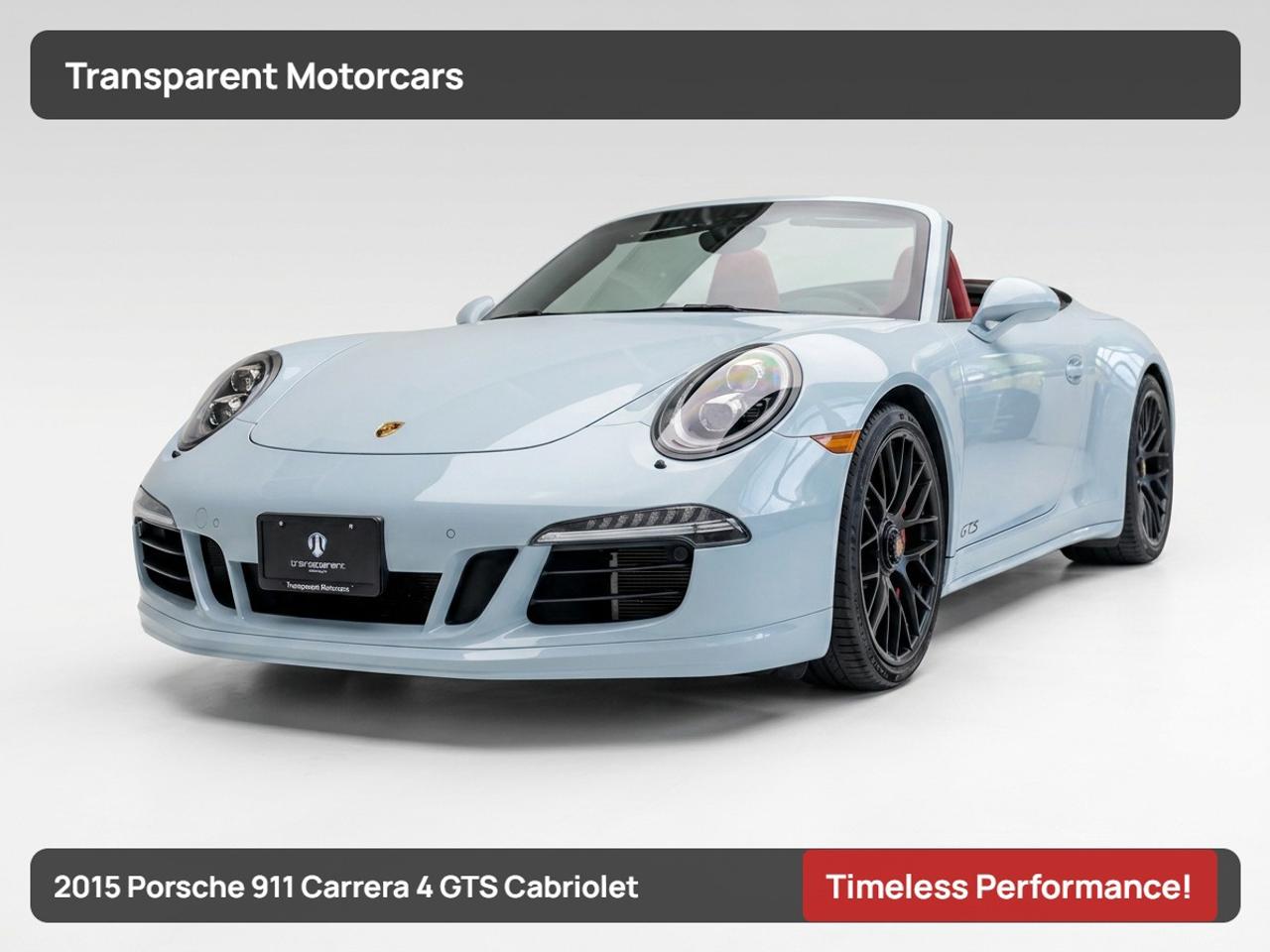Transparent Motorcars is pleased to offer this beautiful Carrara White 2015 Porsche 911 Carrera 4 GTS Cabriolet With 39,685kms. <br/> <br/> <br/> - 430 Horsepower 3.8L Naturally Aspirated Flat-6 Engine/7-Speed PDK/AWD <br/> - Two-Tone Leather Black /Garnet Red <br/> - PREMIUM PACKAGE PLUS WITH POWER SPORT SEATS (Seat Ventilation, Porsche Entry & Drive, Light Design Package Automatically Dimming Mirrors, Seat Heating) <br/> - BOSE AUDIO PACKAGE <br/> - Side Skirts Painted <br/> - Convertible Top Black <br/> - Full LED Headlights With Porsche Dynamic Lights System Plus <br/> - ParkAssist Front And Rear With Reversing Camera <br/> - Power Steering Plus <br/> - Elimination Alcantara <br/> - Centre Console Trim In Leather <br/> - Carbon Interior Package <br/> - Auto Start/Stop And Much More! <br/> <br/> <br/> Stock# G000271P Dealer # 50276 <br/> <br/> <br/> $995 Documentation Fee <br/> <br/> <br/> 3 Month Warranty Will Be Provided <br/> <br/> <br/> This vehicle has undergone a comprehensive 110-point inspection at our state-of-the-art service facility, covering: Powertrain, Suspension, Tire Tread Depth ,Brake Condition ,All Electrical Components <br/> <br/> <br/> *Each vehicle comes with a limited warranty for your peace of mind. <br/> <br/> <br/> *Free, full CARFAX Vehicle History Report available upon request. <br/> <br/> <br/> *We are a 5-star rated Google dealership, trusted by our customers. <br/> <br/> <br/> *Thousands of satisfied customers  we invite you to join our automotive family! <br/> <br/> <br/> *Complimentary pick-up service from the airport, ferry terminal, or SkyTrain station is available. <br/> <br/> <br/> *For details on our refund and buyback policy, please contact our team directly. <br/> <br/> <br/> At our dealership, we pride ourselves on building lasting relationships with our customers. Were not just a one-time dealer  we are committed to being your trusted partner for all your vehicle needs, now and in the future. From your initial purchase to ongoing service, we aim to exceed expectations every step of the way. <br/> - <br/>
