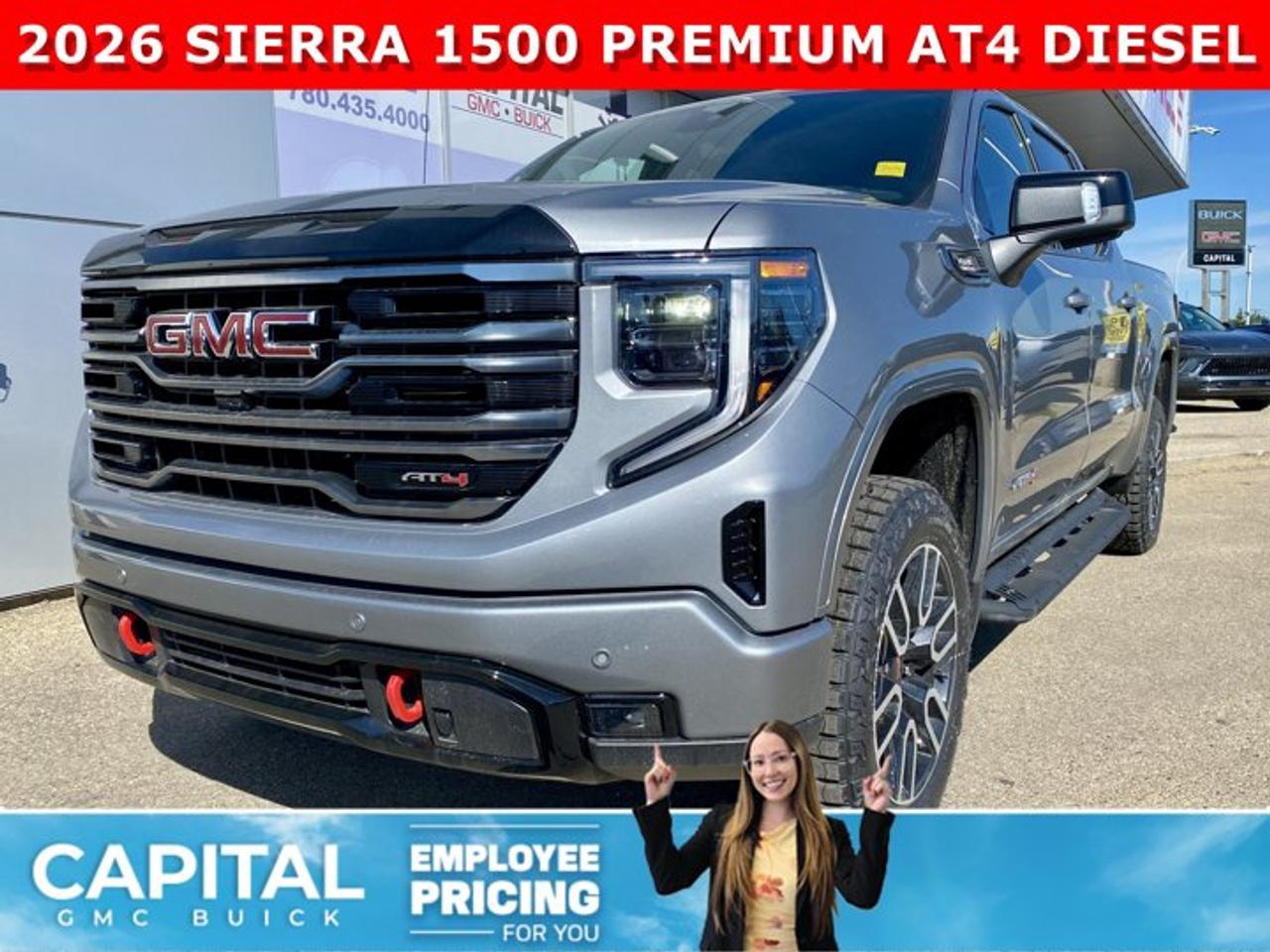 Dont miss out on this limited production Sierra 1500 AT4 Diesel! Fully Equipped with the Premium Plus Package, Technology Package, Heated and Cooled Bucket Seats, Heated Rear Seats, Heated Steering, 360 CAM, 15 Heads-up Display, Rear Streaming Camera Mirror, Body Color Wheel Arch Moldings, Power Sunroof, Wireless Charger, Dual Exhaust, 2 Inch Factory Lift and so much more... This rare truck can be yours so CALL NOWAsk for the Internet Department for more information or book your test drive today! Text 507-585-4395 for fast answers at your fingertips!AMVIC Licensed Dealer - Licence Number B1044900