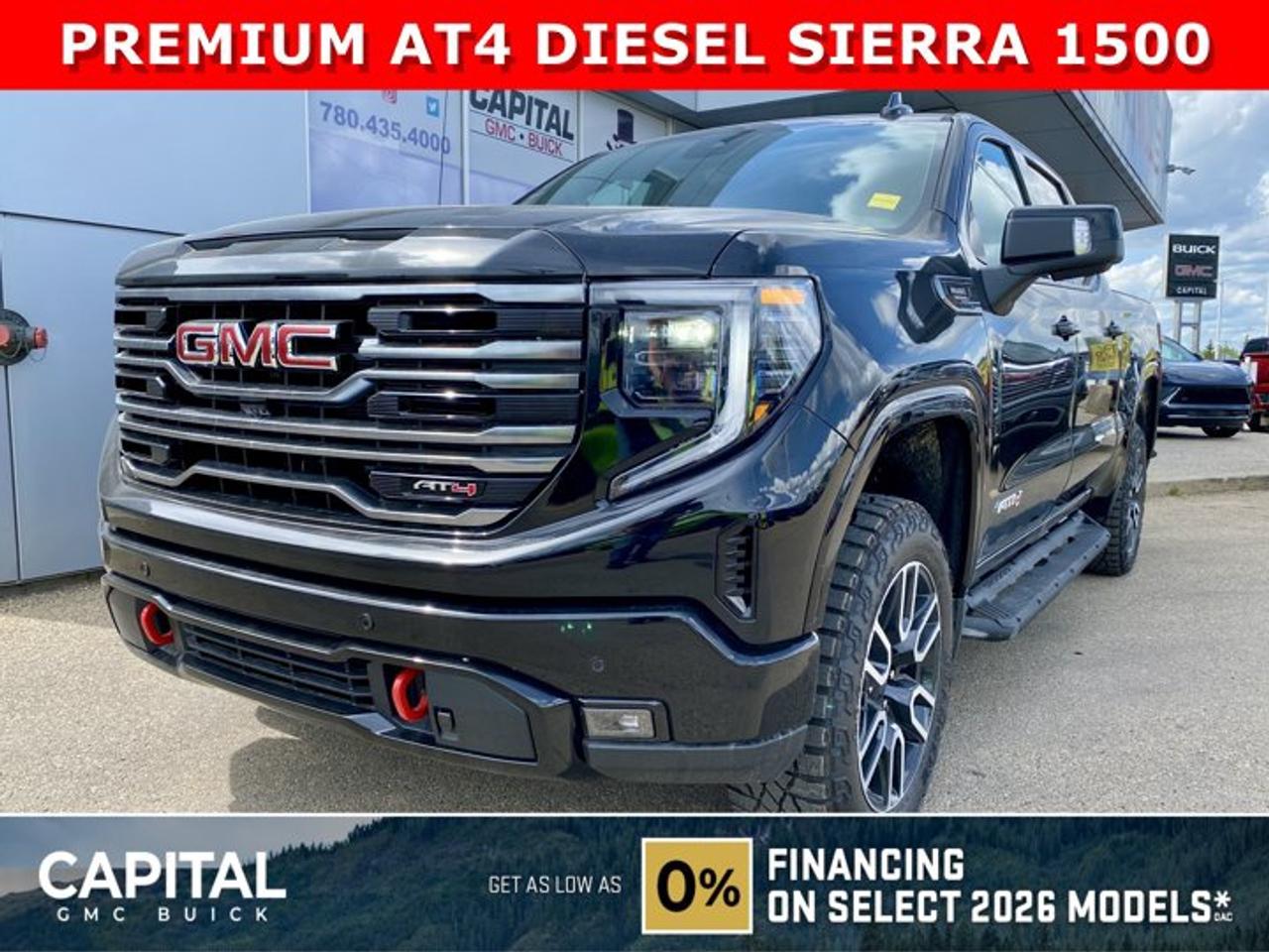 Dont miss out on this limited production Sierra 1500 AT4 Diesel! Fully Equipped with the Premium Plus Package, Technology Package, Heated and Cooled Bucket Seats, Heated Rear Seats, Heated Steering, 360 CAM, 15 Heads-up Display, Rear Streaming Camera Mirror, Body Color Wheel Arch Moldings, Power Sunroof, Wireless Charger, Dual Exhaust, 2 Inch Factory Lift and so much more... This rare truck can be yours so CALL NOWAsk for the Internet Department for more information or book your test drive today! Text 507-585-4395 for fast answers at your fingertips!AMVIC Licensed Dealer - Licence Number B1044900