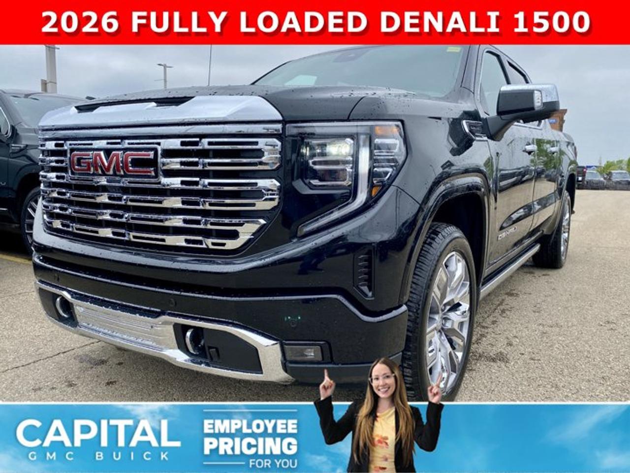 Check out this 2026 Sierra 1500 Crew Cab Denali with the RESERVE PACKAGE. Equipped with a ton of options like Heated and Cooled Seats, POWER SUNROOF, Heated Steering, Body Color Arch Moldings, 360 CAM, Rear Streaming Camera Mirror, Heads-up Display, 22 Inch Wheels, Heated Rear Seats, Massive Touchscreen, Power Assist Steps, and so much more... CALL NOWAsk for the Internet Department for more information or book your test drive today! Text 507-585-4395 for fast answers at your fingertips!Ask for the Internet Department for more information or book your test drive today! Text 507-585-4395 for fast answers at your fingertips!AMVIC Licensed Dealer - Licence Number B1044900