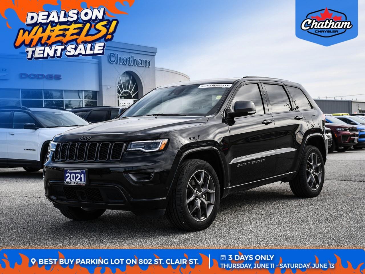 2021 Jeep Grand Cherokee 4D Sport Utility 80th Anniversary Edition Diamond Black Crystal Pearlcoat 4WD, 4-Wheel Disc Brakes, 4G LTE Wi-Fi Hot Spot, 506 Watt Amplifier, 7 & 4 Pin Wiring Harness, 8.4''' Touchscreen Display, 80th Anniversary Luxury Group, ABS brakes, Active Noise Control System, Adaptive Cruise Control w/Stop, Advanced Brake Assist, Air Conditioning, Alloy wheels, AM/FM radio: SiriusXM, Apple CarPlay, Apple CarPlay/Android Auto, Auto High Beam Headlamp Control, Auto-dimming door mirrors, Auto-dimming Rear-View mirror, Automatic temperature control, Berber Floor Mats w/80th Anniversary Tag, Bi-Xenon High-Intensity Discharge Headlamps, Black Roof Molding, Body Color Claddings, Body Color Door Handles, Body Color Shark Fin Antenna, Brake assist, Cargo Compartment Cover, Class IV Receiver Hitch, Dark Day Light Opening Moldings, Dark Headlamp Bezel Finish, Dark Lens Taillamps, Delay-off headlights, Dual front impact airbags, Dual front side impact airbags, Dual-Pane Panoramic Sunroof, Electronic Stability Control, Emergency communication system: SiriusXM Guardian, Four wheel independent suspension, Front Accent/Body Color Fascia, Front anti-roll bar, Front Bucket Seats, Front dual zone A/C, Front fog lights, Front LED Fog Lamps, Full Speed FWD Collision Warn Plus, Fully automatic headlights, Google Android Auto, GPS Antenna Input, GPS Navigation, Granite Crystal Exterior Accents, Granite Crystal Exterior Badging, Granite Crystal Exterior Mirror Caps, Granite Crystal/Black Grille, HD Radio, Heated front seats, Heated Second Row Seats, Heated steering wheel, Heavy-Duty Engine Cooling, Integrated Voice Command w/Bluetooth, Jeep 80th Anniversary Badges, Jeep 80th Anniversary Edition, Knee airbag, Lane Departure Warning Plus, Leather Shift Knob, Leather Trimmed Bucket Seats (JY), LED Daytime Running Headlamps, LT. Tungsten Interior Accent Stitching, Memory seat, Navigation System, Occupant sensing airbag, Overhead airbag, Parallel & Perp Park Assist w/Stop, ParkView Rear Back-Up Camera, Piano Black/Anod. Gunmetal Interior Accents, Power driver seat, Power Liftgate, Power Tilt/Telescope Steering Column, Premium Alpine Speaker System, Premium Lighting Group, Quick Order Package 2BK 80th, Radio: Uconnect 4C Nav w/8.4''' Display, Rain Sensitive Windshield Wipers, Rear Accent/Body Color Fascia, Rear anti-roll bar, Rear Load Leveling Suspension, Remote keyless entry, Security system, SiriusXM Satellite Radio, SiriusXM Traffic Plus, SiriusXM Travel Link, Spoiler, Steering wheel mounted audio controls, Traction control, Trailer Tow Group IV, Ventilated Front Seats, Wheels: 20''' x 8.0''' Granite Crystal Aluminum. 4WD 3.6L V6 24V VVT 8-Speed Automatic<br /><br /><br />Here at Chatham Chrysler, our Financial Services Department is dedicated to offering the service that you deserve. We are experienced with all levels of credit and are looking forward to sitting down with you. Chatham Chrysler Proudly serves customers from London, Ridgetown, Thamesville, Wallaceburg, Chatham, Tilbury, Essex, LaSalle, Amherstburg and Windsor with no distance being ever too far! At Chatham Chrysler, WE CAN DO IT!
