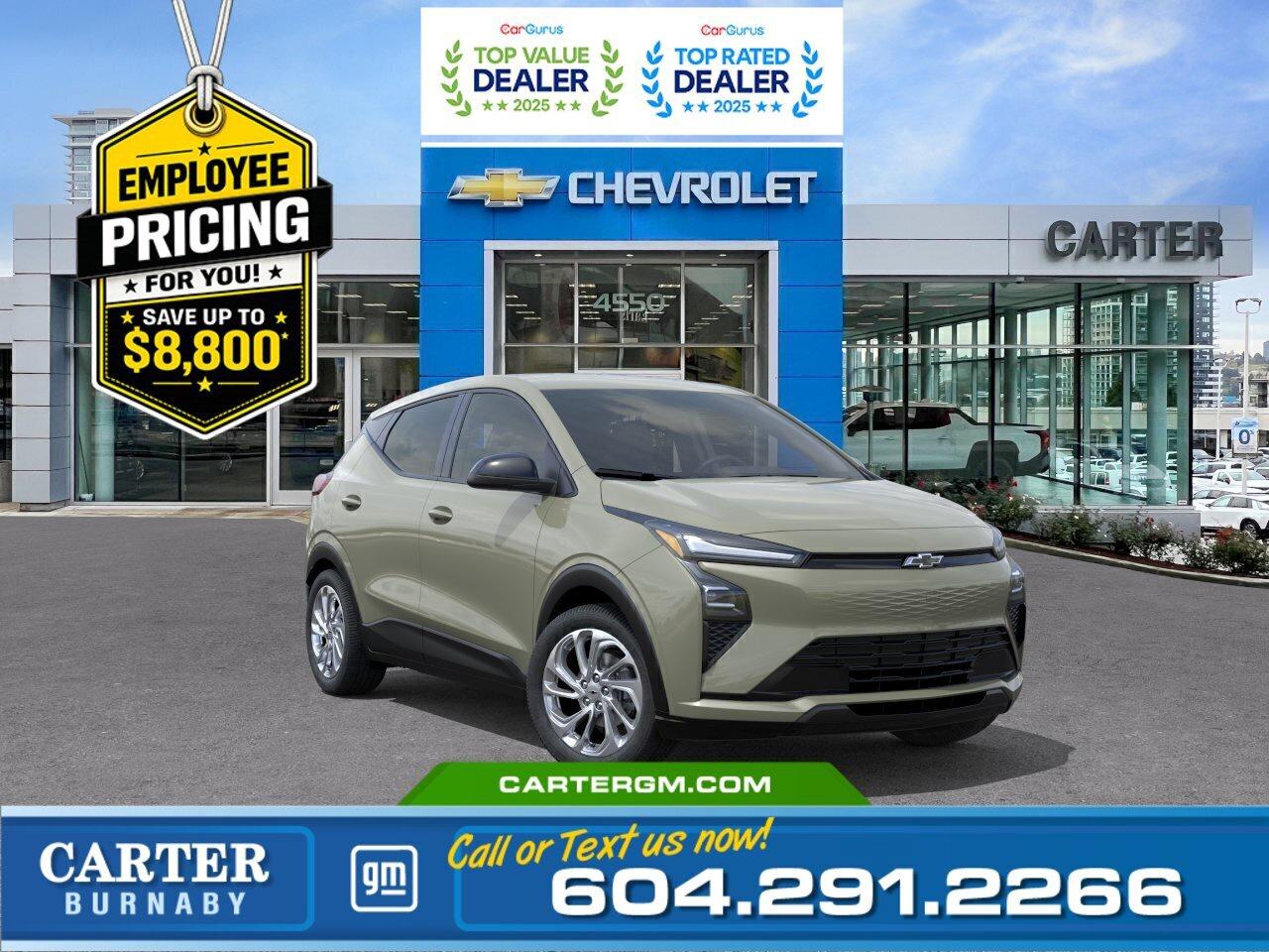 GREAT NEWS! THE EMPLOYEE PRICING EVENT IS BACK! Unlock incredible savings with up to $8,800 OFF eligible new electric vehicles. Combine exclusive Employee Pricing with available Federal Incentives and drive home an EV for less than ever! Eligible inventory is available now, but quantities and funding are limited. Contact us today to confirm your eligibility and take advantage of this outstanding offer while it lasts. Includes: $1,500 Employee Pricing Credit, $2,300 NSCDA, and up to $5,000 EVAP incentive. Eligibility: Final transaction price must not exceed $50,000 (before taxes and fees).  Efficient and fun to drive, this 2027 Chevrolet Bolt LT FWD delivers all-electric performance with an impressive 422 km driving range. Inside, enjoy a sporty feel with a flat-bottom wrapped steering wheel and the convenience of heated power-adjustable mirrors. Advanced safety features including Front Pedestrian and Bicyclist Braking, Reverse Automatic Braking, Rear Cross Traffic Braking, Blind Zone Steering Assist, Side Bicyclist Alert, and StabiliTrak stability control help keep you confident on every drive. Come take it for a test drive today and experience all this stylish vehicle has to offer!  WHY CARTER GM BURNABY?  - An unrivalled vehicle purchasing experience! - Exceeding our loyal customers expectations since 1963 - 4.5 Google star rating with 2,300+ customer reviews) - CarGurus Top-Rated Dealer 2025 Award - CarGurus Top Value Dealer 2025 Award - Vehicle trades welcome! Best price guaranteed! - We provide upfront pricing, zero hidden fees, and 100% transparency - Fast approvals and 99% acceptance rates (no matter your current credit status!) - Multilingual staff (many languages spoken) - Comfortable non-pressured environment with in-store television, WIFI and a childrens play area! - In-store restaurant: fresh daily menu        Were here to help you drive the vehicle you want, the vehicle you deserve! QUESTIONS? GREAT! WEVE GOT ANSWERS! To speak with a friendly vehicle specialist - CALL NOW! The advertised price includes all standard dealer fees and any applicable manufacturer or dealer incentives. It does not include applicable taxes, licensing, insurance, or optional products or services. Dealer fees will be clearly broken out and itemized on the bill of sale, maximum total of fees $699.00. Prices are shown in Canadian dollars. While we make every effort to ensure accuracy, vehicle details, pricing, options, and availability are subject to change without notice. Please confirm all information with dealership sales management before purchase. Dealer Code: 81129