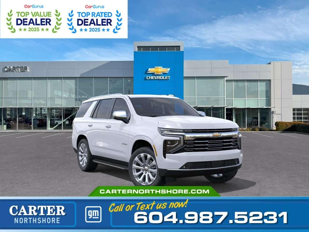 Step into this 2026 Chevrolet Tahoe 1500 4WD LTZ and enjoy a perfect blend of power and comfort. Powered by a 5.3L V8 with a 10-speed automatic transmission and advanced 4WD, it handles any terrain with confidence. Inside, youll find heated and ventilated seats, a panoramic sunroof, tri-zone climate control, Bose audio, and the latest safety features like HD surround vision, blind zone steering assist, and enhanced trailer guidance. Stylish, capable, and packed with technology, this Tahoe is ready for every adventure. Come take it for a test drive today and experience all this stylish vehicle has to offer! <b>WHY CARTER GM NORTHSHORE?</b> - An unrivalled vehicle purchasing experience! - Exceeding our loyal customers expectations since 1990 - 4.7 Google star rating (with 1,700+ customer reviews) - CarGurus Top-Rated Dealer 2025 Award - CarGurus Top Value Dealer 2025 Award - Vehicle trades welcome! Best price guaranteed! - We provide upfront pricing, zero hidden fees, and 100% transparency - Fast approvals and 99% acceptance rates (no matter your current credit status!) - Multilingual staff (many languages spoken) - Comfortable non-pressured environment with in-store television, WIFI and a childrens play area! <p><img src=https://gmtadvantage-com.cdn-convertus.com/uploads/sites/16/2025/09/Carter-GM-Burnaby-Car-Gurus-Awards-2025.png alt="" width="300" height="77" /></p> Were here to help you drive the vehicle you want, the vehicle you deserve! <b>QUESTIONS? GREAT! WEVE GOT ANSWERS!</b> To speak with a friendly vehicle specialist - <b>CALL NOW!</b> <small>The advertised price includes all standard dealer fees and any applicable manufacturer or dealer incentives. It does not include applicable taxes, licensing, insurance, or optional products or services. Dealer fees will be clearly broken out and itemized on the bill of sale, maximum total of fees $699.00. Prices are shown in Canadian dollars. While we make every effort to ensure accuracy, vehicle details, pricing, options, and availability are subject to change without notice. Please confirm all information with dealership sales management before purchase. Dealer Code: 81121</small>