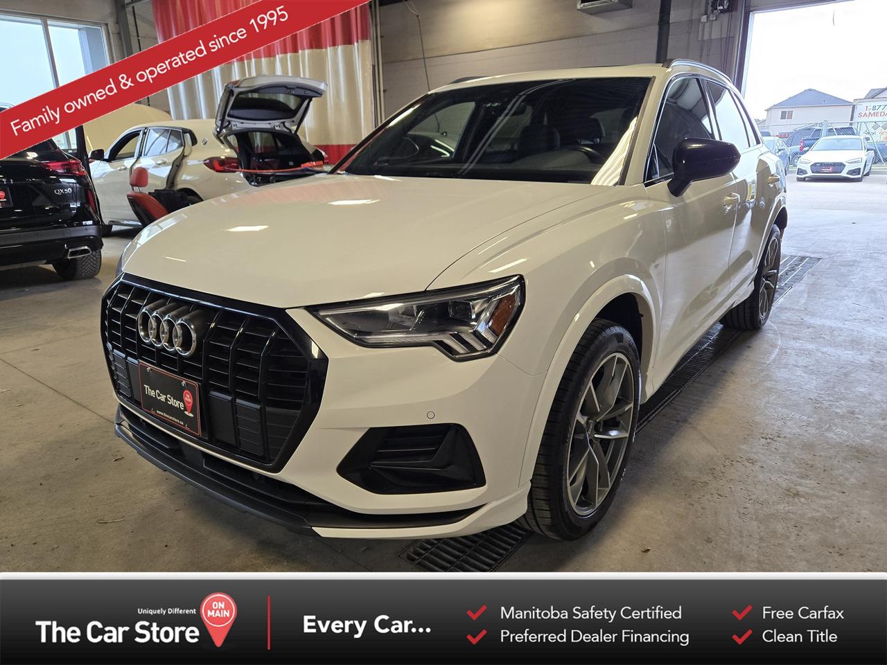 2022 Audi Q3 Komfort  Off Lease | One Owner | Black Optics Package | Excellent Condition 
 Key Features:2.0L Turbocharged Engine with quattro All-Wheel Drive 
 Off Lease, One Owner 
 Black Optics Package with Black Exterior Accents 
 Panoramic Sunroof, Leather Interior, 
 Heated Seats, Heated Steering Wheel 
 Digital Cockpit, Large Touchscreen Display, Apple CarPlay & Android Auto 
 Blind-Spot Monitoring, Lane Departure Warning, Rear Cross Traffic Alert 
 Power Tailgate, Push Button Start, Remote Keyless Entry 
 Premium Interior Finishes with Refined Ride Quality 
 
 Compact Luxury with Sharp Styling:The Audi Q3 Komfort offers a refined driving experience with upscale comfort, confident all-wheel-drive capability, and modern technology throughout. Finished with the Black Optics Package, this example stands out with a sharp and sporty appearance. 
 
 Peace of mind:A one-owner off-lease vehicle that has clearly been cared for properly and remains in excellent condition inside and out. Well equipped, well maintained, and ready to go. 
 
 Our Take:A sharp, well-appointed Q3 with desirable Black Optics and a comfortable, refined ride that can be enjoyed year-round. 
 
 
 We are a local Family Owned business and we try to do things a little different. 
 
 At The Car Store on Main every vehicle is Manitoba Safety Certified. 
 Every vehicle sold is eligible for the Advantage Plan: 
 30 Day Warranty on all MB Safety certificate related items. 
 CarFax Vehicle History Report 
 2 sets of Keys 
 Wholesale access to all other Miscellaneous Accessories (i.e. Wtr Tires, Remote Starr, all misc vehicle accessories/parts, etc...) 
 And of course a Full tank of Gas. 
 
 There is no Gimmicks or games, we are always aggressive on our prices and try to separate ourselves from the rest. 
 We also have an on-site Certified Banker who shops to get the best possible interest rates in with all Major Banks and Credit Unions! 
 
 Come to our Brand New modern showroom and see what makes us Uniquely Different! 
 
 Located on Main St. just North of Chief Peguis Trail. 
 
 To schedule an appointment call us directly at 204-669-1248 or email sales@thecarstore.ca 
 
 The Car Store on Main 
 -Uniquely Different- 
 
 www.thecarstore.ca 
 Local: 204-669-1248 
 Toll Free: 877-634-2975 
 
 A local family owned business unlike typical car lots, there are no pressure tactics, no games, no gimmicks, no Sales Manager, General Manager or Used Car Manager, just straight answers and fair deals all the time! 
 
 *PRICE DOES NOT INCLUDE TAXES (G.S.T & P.S.T) 
 Dealer Permit # 4481