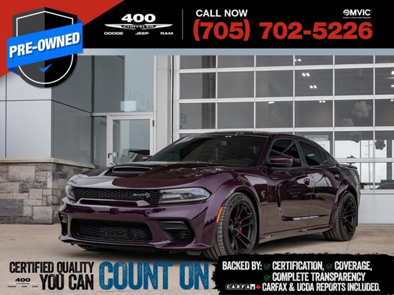 Turn heads and own a true piece of modern muscle car history with this stunning 2021 Dodge Charger SRT Hellcat Redeye Widebody finished in the ultra-rare Hellraisin Purple one of only a handful produced in this spec for the model year. Packing a supercharged 6.2L HEMI V8 with outrageous performance and aggressive Widebody styling, this Charger is loaded with premium factory options including the Carbon/Suede and Alcantara interior packages, Navigation & Travel Group, Harman/Kardon 19-speaker audio system, red seat belts, power sunroof, and 20x11 Carbon Black aluminum wheels. This meticulously cared-for example comes with a 7-year/120,000km bumper-to-bumper Mopar extended warranty purchased through the dealer for added peace of mind. Protected with ceramic coating, ceramic window tint, and full front-end 3M PPF including the hood, fenders, roofline, and headlights, this car has never seen snow or rain and has always been stored in a heated epoxy-floor garage. Riding on upgraded Michelin Pilot Sport 4S tires with the original tires included and showing less than 100kms this Redeye has been maintained to the highest standard with all oil changes completed at 400 Chrysler using only 93/94 octane low-ethanol premium fuel. Complete with the original window sticker, paperwork, packaged floor mats, and genuine Mopar Hellcat car cover, this is an investment-grade Redeye that checks every box for collectors and enthusiasts alike.