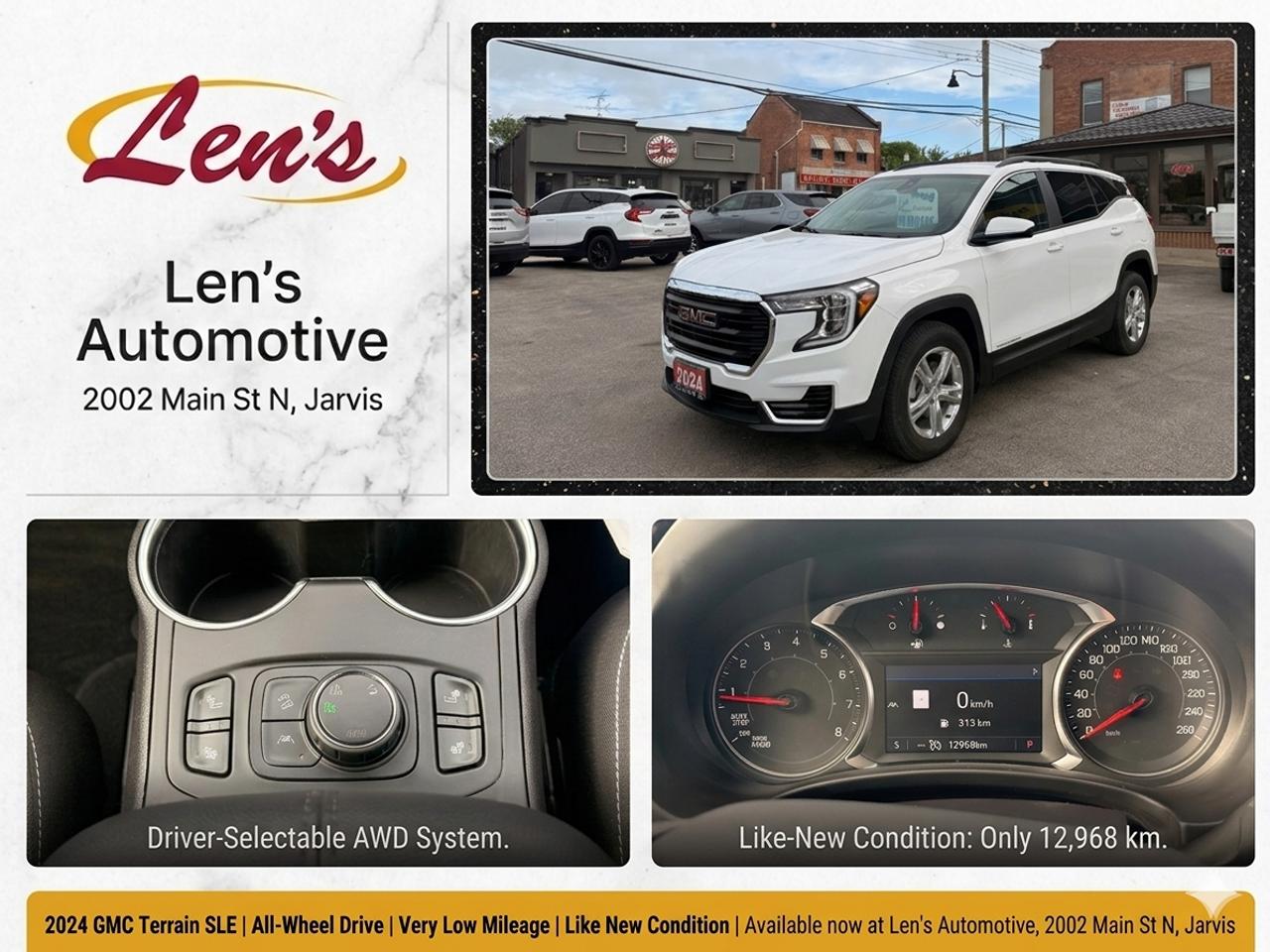 <p data-path-to-node=0>2024 GMC Terrain SLE | One Owner | Low Mileage | No Accidents | Safety Certified</p><p data-path-to-node=1>Take on the road with confidence in this exceptionally clean 2024 GMC Terrain SLE. Combining modern styling, impressive capability, and everyday practicality, this Terrain is the perfect compact SUV for work, commuting, or weekend adventures.</p><p data-path-to-node=2>This one-owner SUV comes with a clean Carfax report, no reported accidents, and only 12,941 km, offering outstanding value and peace of mind.</p><p data-path-to-node=3>⸻</p><p data-path-to-node=4>Vehicle Highlights:</p><p data-path-to-node=5>Powerful & Efficient Engine Automatic Transmission AWD Capability SLE Trim Level Premium Cloth Interior Heated Front Seats Remote Start Apple CarPlay & Android Auto Backup Camera Large Touchscreen Infotainment System Bluetooth Connectivity Power Windows & Locks Cruise Control Alloy Wheels LED Lighting Excellent Condition Inside & Out</p><p data-path-to-node=6>⸻</p><p data-path-to-node=7>Ownership & Condition:</p><p data-path-to-node=8>✔️ One Owner ✔️ Clean Carfax Report ✔️ No Reported Accidents ✔️ Only 12,941 KM ✔️ Safety Certified ✔️ Exceptionally Clean Condition</p><p data-path-to-node=9>⸻</p><p data-path-to-node=10>Warranty Coverage:</p><p data-path-to-node=11>Enjoy remaining factory warranty coverage for added peace of mind:</p><p data-path-to-node=12>Manufacturer Comprehensive Warranty: Until April 9, 2027 or 60,000 KM Powertrain Warranty: Until April 9, 2029 or 100,000 KM Extended Warranty Options Available</p><p data-path-to-node=13>⸻</p><p data-path-to-node=14>Why Buy From Us?</p><p data-path-to-node=15>We are a trusted local dealership proudly serving our community for over 40 years, with over 25 five-star reviews from satisfied customers. Our reputation is built on quality vehicles, transparent service, and a customer-first buying experience.</p><p data-path-to-node=16>⸻</p><p data-path-to-node=17>Additional Benefits:</p><p data-path-to-node=18>Competitive & flexible financing options Trade-ins welcome In-house service & maintenance department Rust Check oil undercoating available Extended protection plans available</p><p data-path-to-node=19>⸻</p><p data-path-to-node=20>💰 Priced at: $31,995 + Taxes & Licensing ✔️ Sold Safety Certified</p><p data-path-to-node=21>This 2024 GMC Terrain SLE offers the perfect balance of comfort, capability, and reliability with exceptionally low kilometres and remaining factory warranty coverage. A clean, well-kept SUV that&rsquo;s ready for its next owner.</p><p data-path-to-node=21>&nbsp;</p><p data-path-to-node=21>YOUTUBE SHORT LINK TO THE VEHICLE IS HERE - https://youtube.com/shorts/gRRG38du890&nbsp;</p>