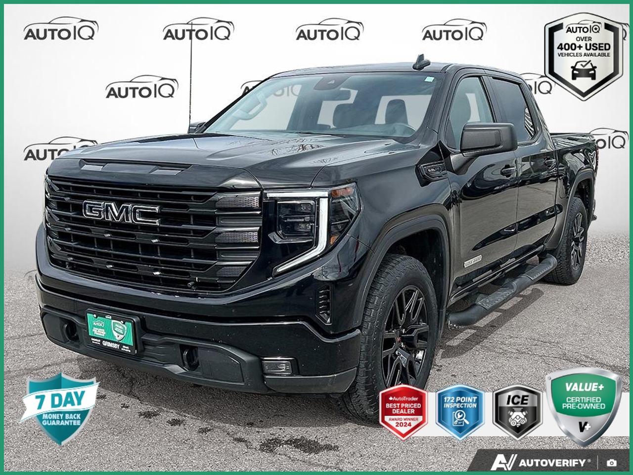Recent Arrival!<br>Odometer is 1616 kilometers below market average!<br><br>No Accidents, | Apple CarPlay/Android Auto, | Non-Smoker, LOCAL TRADE, 10-Speed Automatic, 4WD, Jet Black w/Cloth Seat Trim, 10-Way Power Driver Seat Adjuster w/Lumbar, 120-Volt Bed Mounted Power Outlet, 120-Volt Instrument Panel Power Outlet, 2 Charge-Only Rear USB Ports, 2 Charge/Data USB Ports, 2 Charge/Data USB Ports Inside Centre Console, 220 Amp Alternator, 3.23 Rear Axle Ratio, 4 Round Black Tubular Assist Steps (LPO), 6-Speaker Audio System Feature, All-Weather Floor Liner (LPO), Auto High-beam Headlights, Auto-Locking Rear Differential, Automatic Emergency Braking, Auxiliary External Transmission Oil Cooler, Black GMC Emblems (LPO), Body Colour Header w/Gloss Black Mesh Grille Bars, Body Colour Wheel Arch Mouldings w/GXD (LPO), Brake assist, Bumpers: body-colour, Cloth Rear Seat w/Storage Package, Colour-Keyed Carpeting Floor Covering, Compass, Deep-Tinted Glass, Dual front side impact airbags, Electric Rear-Window Defogger, Electrical Steering Column Lock, Electronic Precision Shift, External Engine Oil Cooling, Floor-Mounted Centre Console, Front Bucket Seats, Front dual zone A/C, Front fog lights, Front Frame-Mounted Black Recovery Hooks, Front Rubberized-Vinyl Floor Mats, Fully automatic headlights, GMC Connected Access Capable, HD Rear Vision Camera, Heated front seats, Heated steering wheel, High Capacity Suspension Package, Hitch Guidance, Integrated Trailer Brake Controller, Keyless Open & Start, LED Cargo Area Lighting, Low tire pressure warning, Manual Tilt-Wheel & Telescoping Steering Column, Not Equipped w/Steering Column Lock, Occupant sensing airbag, OnStar & GMC Connected Services Capable, Overhead airbag, Power Door Locks, Power Front Windows w/Driver Express Up/Down, Power Front Windows w/Passenger Express Down, Power Rear Windows w/Express Down, Preferred Equipment Group 3SB, Premium audio system: Premium GMC Infotainment System, Push Button Start, Radio data system, Radio: Premium GMC Infotainment Audio System, Rear Rubberized-Vinyl Floor Mats, Rear step bumper, Remote Vehicle Starter System, Security system, SiriusXM w/360L, Split folding rear seat, Spray-On Pickup Bed Liner w/GMC Logo, Steering Wheel Audio Controls, Theft Deterrent System (Unauthorized Entry), Trailering Package, Wheel Locks (Set of 4) (LPO), Wheels: 20 x 9 High Gloss Black Painted Aluminum, Wi-Fi Hotspot Capable, Wireless Charging, Wireless Phone Projection.<br><br>Onyx Black Elevation<br>HEATED SEATS | HEATED STEERING WHEEL | BLACK ASSIST STEPS | BLACK GMC EMBLEMS | FRONT BUCKET SEATS AND MORE 2023 GMC Sierra 1500 Elevation EcoTec3 5.3L V8<br>10-Speed Automatic<br>4WD<p> </p>

<h4>VALUE+ CERTIFIED PRE-OWNED VEHICLE</h4>

<p>
- 36-point Provincial Safety Inspection<br>
- 172-point inspection combined mechanical, aesthetic, functional inspection including a vehicle report card<br>
- Warranty: 30 Days or 1500 KMS on mechanical safety-related items and extended plans are available<br>
- Complimentary CARFAX Vehicle History Report<br>
- 2X Provincial safety standard for tire tread depth<br>
- 2X Provincial safety standard for brake pad thickness<br>
- 7 Day Money Back Guarantee*<br>
- Market Value Report provided<br>
- Complimentary 3 months SIRIUS XM satellite radio subscription on equipped vehicles<br>
- Complimentary wash and vacuum<br>
- Vehicle scanned for open recall notifications from manufacturer
</p>

<p>SPECIAL NOTE: This vehicle is reserved for AutoIQs retail customers only. Please, No dealer calls. Errors & omissions excepted.</p>

<p>*As-traded, specialty or high-performance vehicles are excluded from the 7-Day Money Back Guarantee Program (including, but not limited to Ford Shelby, Ford mustang GT, Ford Raptor, Chevrolet Corvette, Camaro 2SS, Camaro ZL1, V-Series Cadillac, Dodge/Jeep SRT, Hyundai N Line, all electric models)</p>