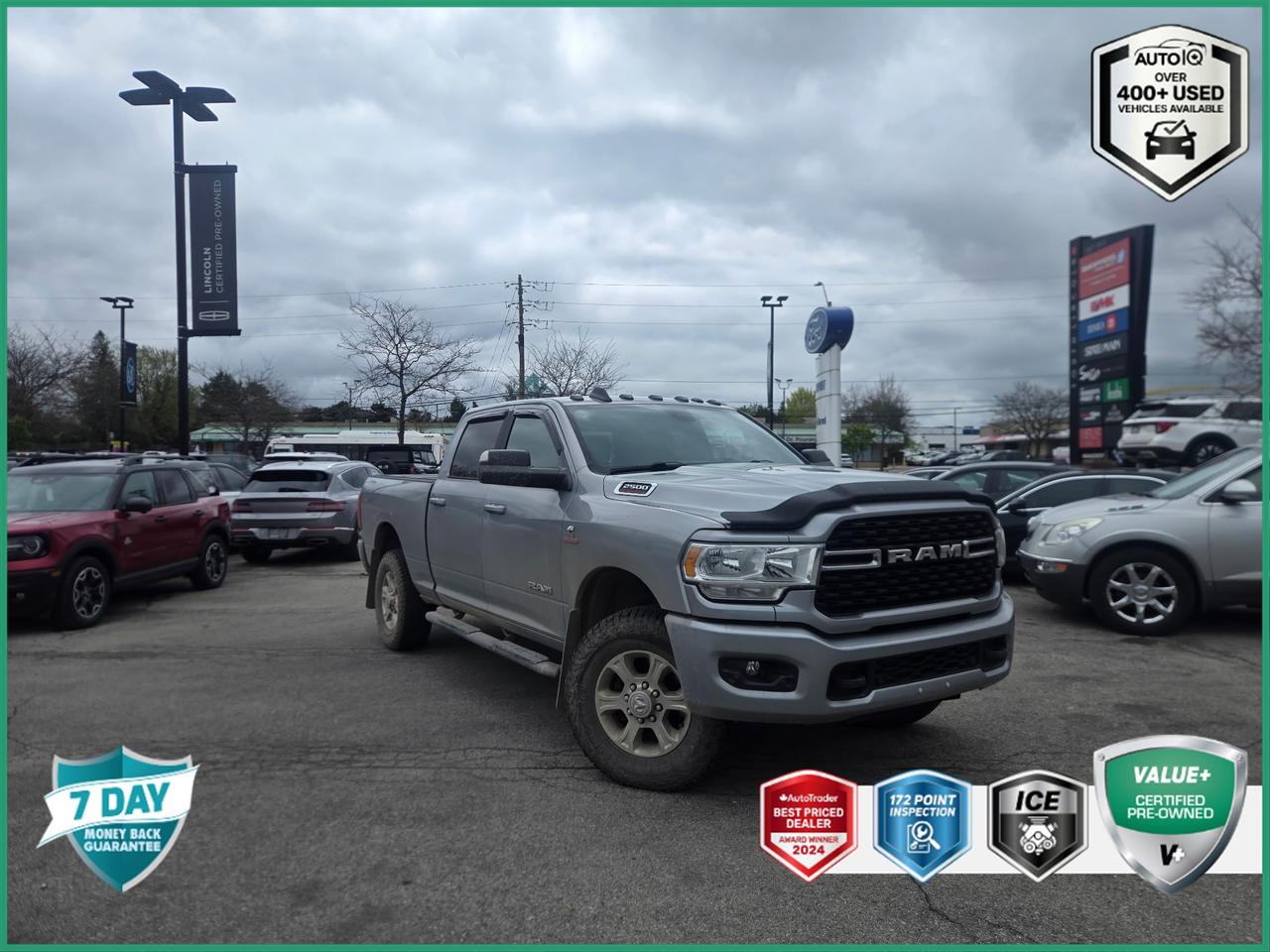 Recent Arrival!<br><br><br>115-Volt Auxiliary Power Outlet - Front, 115-Volt Auxiliary Power Outlet - Rear, 115V Auxiliary Power Outlet - Exterior, 18 x 8 Polished Aluminum Wheels, 2-Way Rear Headrests, 220-Amp Alternator, 2nd Row In-Floor Storage Bins, 4-Way Adjustable Front Headrests, 400-Watt Inverter, 7 Customizable In-Cluster Display, A/C w/Dual-Zone Auto Temp Control, Anti-Spin Differential Rear Axle, Auto-Dimming Rear-View Mirror, Big Horn Instrument Panel Badge, Black Interior Accents, Black Power Folding Heated Tow Mirrors, Body-Colour Door Handles, Body-Colour Front Bumper, Body-Colour Grille Surround, Centre Hub, Centre Stack Storage Drawer, Clearance Lamps, Dampened Tailgate, Dash Pass-Thru Wire Circuits, Digital Rearview Mirror, Door Trim Panel Foam Bottle Insert, Dual Glove Boxes, Fog Lamps, Fold-Flat Load Floor w/Storage, Footwell Courtesy Lamp, Front 40/20/40 Split Bench Seat, Front Armrest w/Cupholders, Front Centre Seat Cushion Storage, Front Heated Seats, Front Seatback Map Pockets, Glove Box Lamp, Heated Steering Wheel, IP-Mounted Auxiliary Switches, Leather-Wrapped Steering Wheel, LED Taillamps, Level B Equipment Group (DISC), Locking Lower Glove Box, Manual 4-Way Adjustable Passenger Seat, Media Hub w/2 USB Charging Ports, Painted Rear Bumper, Park-Sense Front & Rear Park Assist, Power 2-Way Driver Lumbar Adjust, Power 8-Way Adjustable Driver Seat, Power Adjustable Pedals, Power Folding Exterior Mirrors, Premium Cloth Front 40/20/40 Bench, Rear 60/40 Split Folding Bench Seat, Rear Dome Lamp w/On/Off Switch, Rear Power Sliding Window, Rear Window Defroster, Remote Start System, Security Alarm, Snow Chief Group, Sport Appearance Package, Sport Decal, Steering Wheel Mounted Audio Controls, Storage Tray, Sun Visors w/Illuminated Vanity Mirrors, Tow-Mode Digital Rearview Mirror Package, Tow-Mode/Up-Fit Wired Camera, Universal Garage Door Opener.<br><br>Billet Silver Metallic<br>2022 Ram 2500 Big Horn 6.7L Diesel | Level B Equipment Group | No Accidents 4D Crew Cab<br>6.7L Cummins I6 Turbodiesel 6-Speed Automatic<br>4WD<p> </p>

<h4>VALUE+ CERTIFIED PRE-OWNED VEHICLE</h4>

<p>
- 36-point Provincial Safety Inspection<br>
- 172-point inspection combined mechanical, aesthetic, functional inspection including a vehicle report card<br>
- Warranty: 30 Days or 1500 KMS on mechanical safety-related items and extended plans are available<br>
- Complimentary CARFAX Vehicle History Report<br>
- 2X Provincial safety standard for tire tread depth<br>
- 2X Provincial safety standard for brake pad thickness<br>
- 7 Day Money Back Guarantee*<br>
- Market Value Report provided<br>
- Complimentary 3 months SIRIUS XM satellite radio subscription on equipped vehicles<br>
- Complimentary wash and vacuum<br>
- Vehicle scanned for open recall notifications from manufacturer
</p>

<p>SPECIAL NOTE: This vehicle is reserved for AutoIQs retail customers only. Please, No dealer calls. Errors & omissions excepted.</p>

<p>*As-traded, specialty or high-performance vehicles are excluded from the 7-Day Money Back Guarantee Program (including, but not limited to Ford Shelby, Ford mustang GT, Ford Raptor, Chevrolet Corvette, Camaro 2SS, Camaro ZL1, V-Series Cadillac, Dodge/Jeep SRT, Hyundai N Line, all electric models)</p>