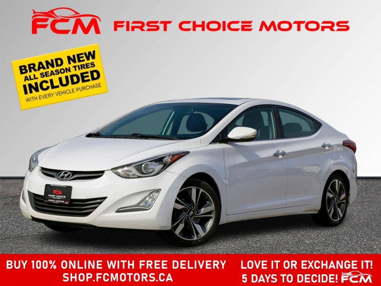 ** ** SPECIAL LIMITED TIME OFFER ** ** PURCHASE ANY VEHICLE THIS WEEK AND RECEIVE 4 BRAND-NEW ALL-SEASON TIRES AT NO ADDITIONAL COST!!! DON   T MISS THIS EXCLUSIVE CHANCE TO UPGRADE YOUR RIDE AND STAY PREPARED FOR ANY WEATHER!!! <br><br>EXCITING NEWS FROM FIRST CHOICE MOTORS! Our brand-new online showroom is now open to the public, bringing the ultimate car shopping experience right to your fingertips! Enjoy a 100% online car shopping experience, with over 500 certified vehicles in stock, comprehensive protection plans, and thousands of new auto parts & accessories available! Plus, for a limited time, were offering FREE deliveries across Ontario on all vehicle purchases! Dont miss out   visit Shop.fcmotors.ca to find and upgrade your perfect vehicle today!<br><br>Welcome to First Choice Motors, the largest car dealership in Toronto of pre-owned cars, SUVs, and vans priced between $5000-$15,000. With an impressive inventory of over 300 vehicles in stock, we are dedicated to providing our customers with a vast selection of affordable and reliable options. <br><br>Were thrilled to offer a used 2016 Hyundai Elantra LIMITED, white color with 165,000km (STK#9878) This vehicle was $9990 NOW ON SALE FOR $8990. It is equipped with the following features:<br>- Automatic Transmission<br>- Leather Seats<br>- Sunroof<br>- Heated seats<br>- Navigation<br>- Bluetooth<br>- Reverse camera<br>- Alloy wheels<br>- Power windows<br>- Power locks<br>- Power mirrors<br>- Air Conditioning<br><br>At First Choice Motors, we believe in providing quality vehicles that our customers can depend on. All our vehicles come with a 36-day guarantee on all safety related items. We also offer additional warranty options up to 5 years for our customers who want extra peace of mind.<br><br>Furthermore, all our vehicles are sold fully certified with brand new brakes rotors and pads, a fresh oil change, and brand new set of all-season tires installed & balanced. You can be confident that this car is in excellent condition and ready to hit the road.<br><br>At First Choice Motors, we believe that everyone deserves a chance to own a reliable and affordable vehicle. Thats why we offer financing options with low interest rates starting at 7.9% O.A.C. Were proud to approve all customers, including those with bad credit, no credit, students, and even 9 socials. Our finance team is dedicated to finding the best financing option for you and making the car buying process as smooth and stress-free as possible.<br><br>Our dealership is open 7 days a week to provide you with the best customer service possible. We carry the largest selection of used vehicles for sale under $9990 in all of Ontario. We stock over 300 cars, mostly Hyundai, Chevrolet, Mazda, Honda, Volkswagen, Toyota, Ford, Dodge, Kia, Mitsubishi, Acura, Lexus, and more. With our ongoing sale, you can find your dream car at a price you can afford. Come visit us today and experience why we are the best choice for your next used car purchase!<br><br>All prices include $22.00 OMVIC Fee.  Excludes, license plates, ownership registration and ONTARIO HST (13%)<br>*No Credit Card payments can be accepted for Vehicle Purchases*
