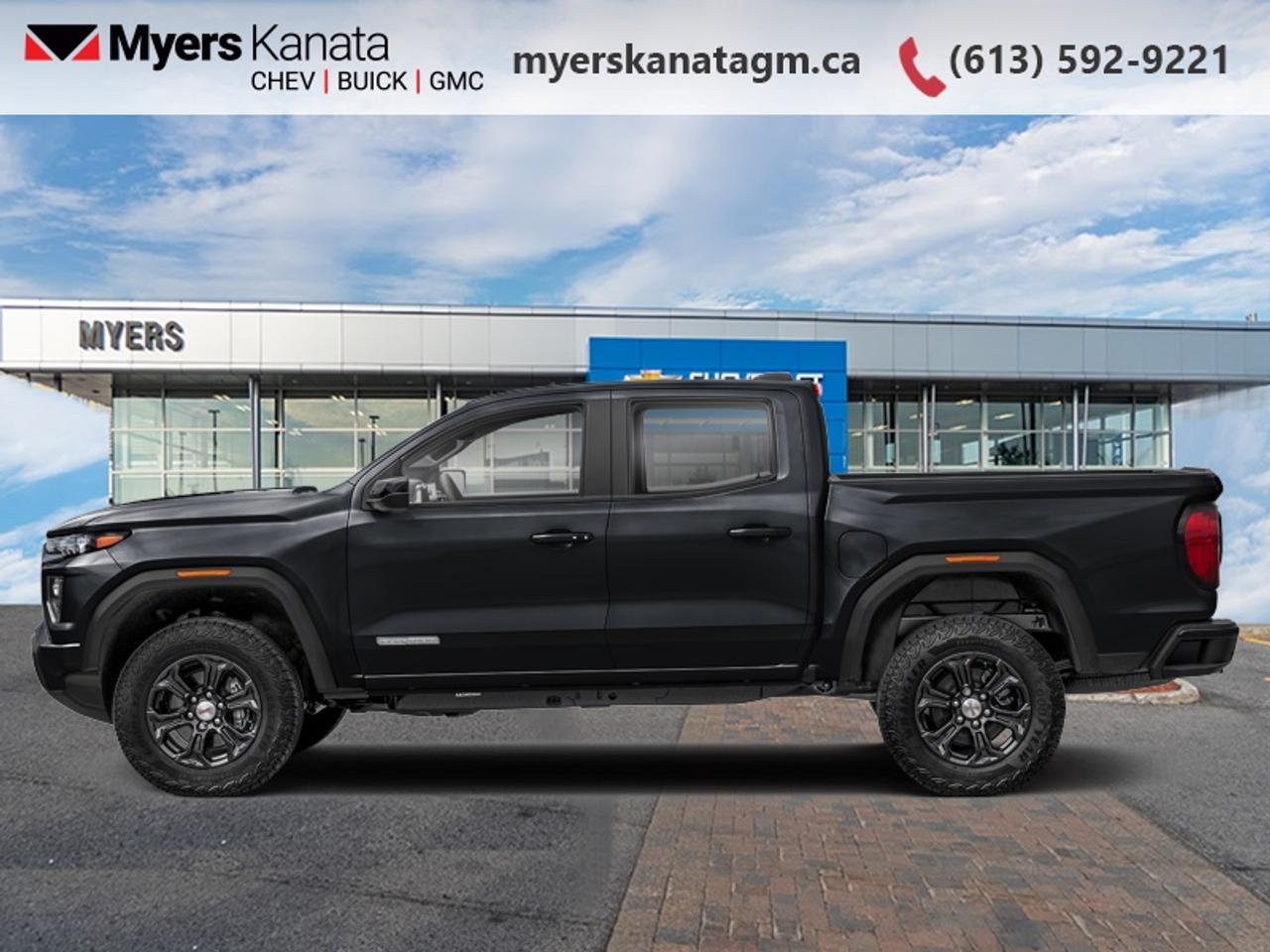 <b>Low Mileage, Off-Road Suspension,  Apple CarPlay,  Android Auto,  Remote Keyless Entry,  Lane Keep Assist!</b><br> <br> This 2025 GMC Canyon is for sale today in Kanata.<br> <br>Aimed at shoppers who desire the capability of a traditional pickup without the compromise of a full-size truck, this 2025 GMC Canyon is ready to take on whatever you throw at it. From work-site duties to intense off-road sessions, this Canyon is sure to never skip a beat!<br> <br>This low mileage Crew Cab 4X4 pickup has just 5,500 km. Its Onyx Black in colour and is completely accident free based on the <a href=https://vhr.carfax.ca/?id=SC4YABVfsrZFhpIOAxdlzsfjTwW+XmZ3 target=_blank>CARFAX Report</a>. It has an Automatic transmission and is powered by a 310HP 2.7L 4 Cylinder Engine. <br> <br> Our Canyons trim level is Elevation. This rugged truck features a comprehensive off-roading package with factory-lifted suspension, front recovery hooks and off-road performance display, along with great standard features such as a vivid 11.3-inch diagonal infotainment screen with Apple CarPlay and Android Auto, remote keyless entry, air conditioning, and a 6-speaker audio system. Safety features include automatic emergency braking, front pedestrian braking, lane keeping assist with lane departure warning, Teen Driver, and forward collision alert with IntelliBeam high beam assist. This vehicle has been upgraded with the following features: Off-Road Suspension, Apple CarPlay, Android Auto, Remote Keyless Entry, Lane Keep Assist, Cruise Control.<br> <br>To apply right now for financing use this link: <a href=https://www.myerskanatagm.ca/finance/ target=_blank>https://www.myerskanatagm.ca/finance/</a><br> <br/><br>Price is plus HST and licence only.<br> Book a test drive today at myerskanatagm.ca<br>*LIFETIME ENGINE TRANSMISSION WARRANTY NOT AVAILABLE ON VEHICLES WITH KMS EXCEEDING 140,000KM, VEHICLES 8 YEARS & OLDER, OR HIGHLINE BRAND VEHICLE(eg. BMW, INFINITI. CADILLAC, LEXUS...)<br> Come by and check out our fleet of 30+ used cars and trucks and 240+ new cars and trucks for sale in Kanata.  o~o